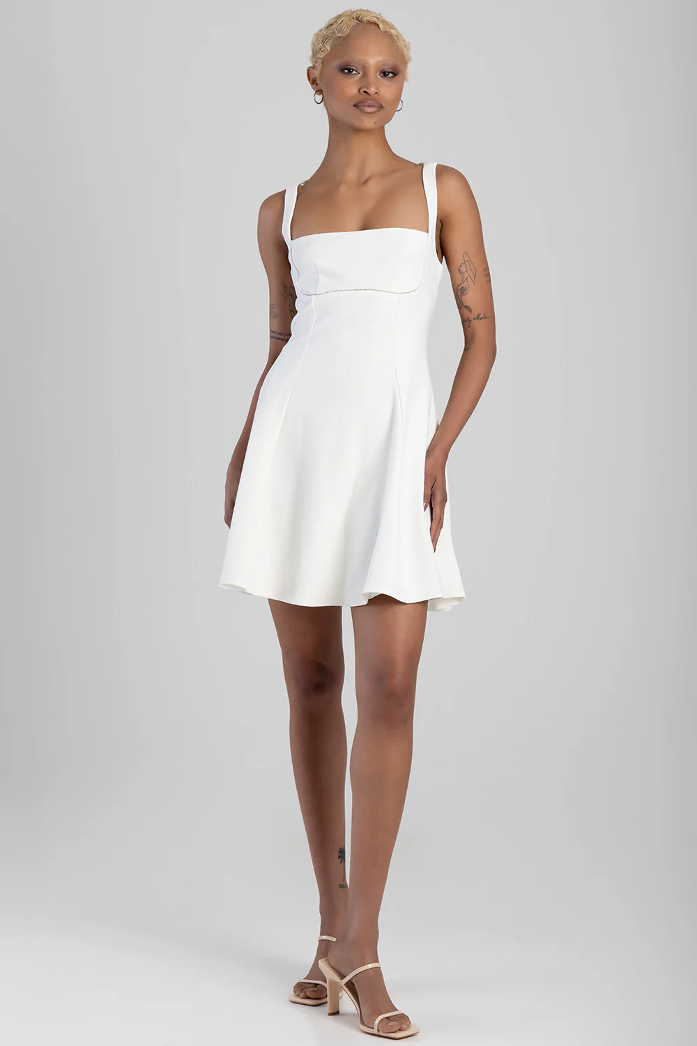 Square Neckline Fit And Flare Mini Dress - Off White - Image 7