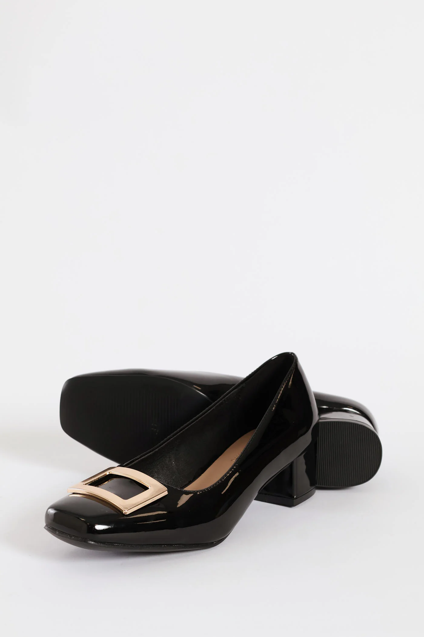 Square Toe Block Court Heel With Trim - Black - Image 6