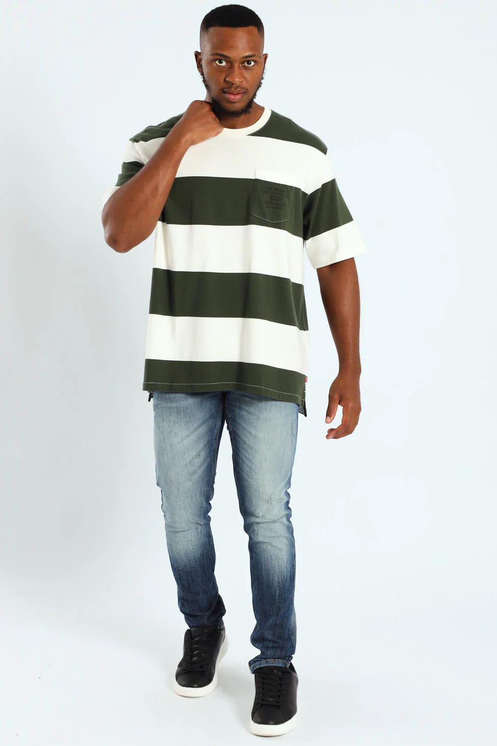 Stepped Hem Half Sleeve Tee - Dark Green/White - Image 5