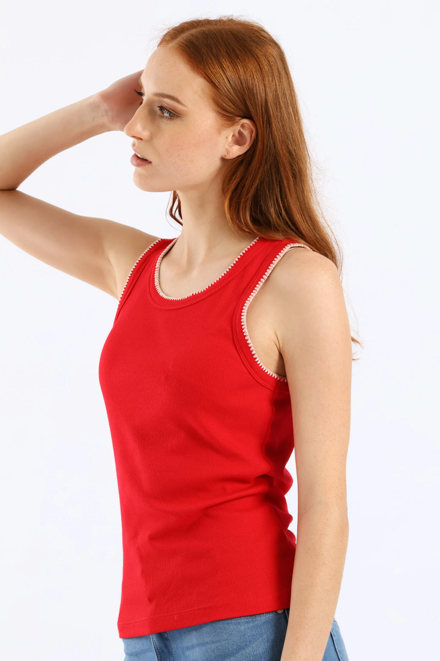 Stitch Edge Detail Rib Tank - Rose Red - Image 3