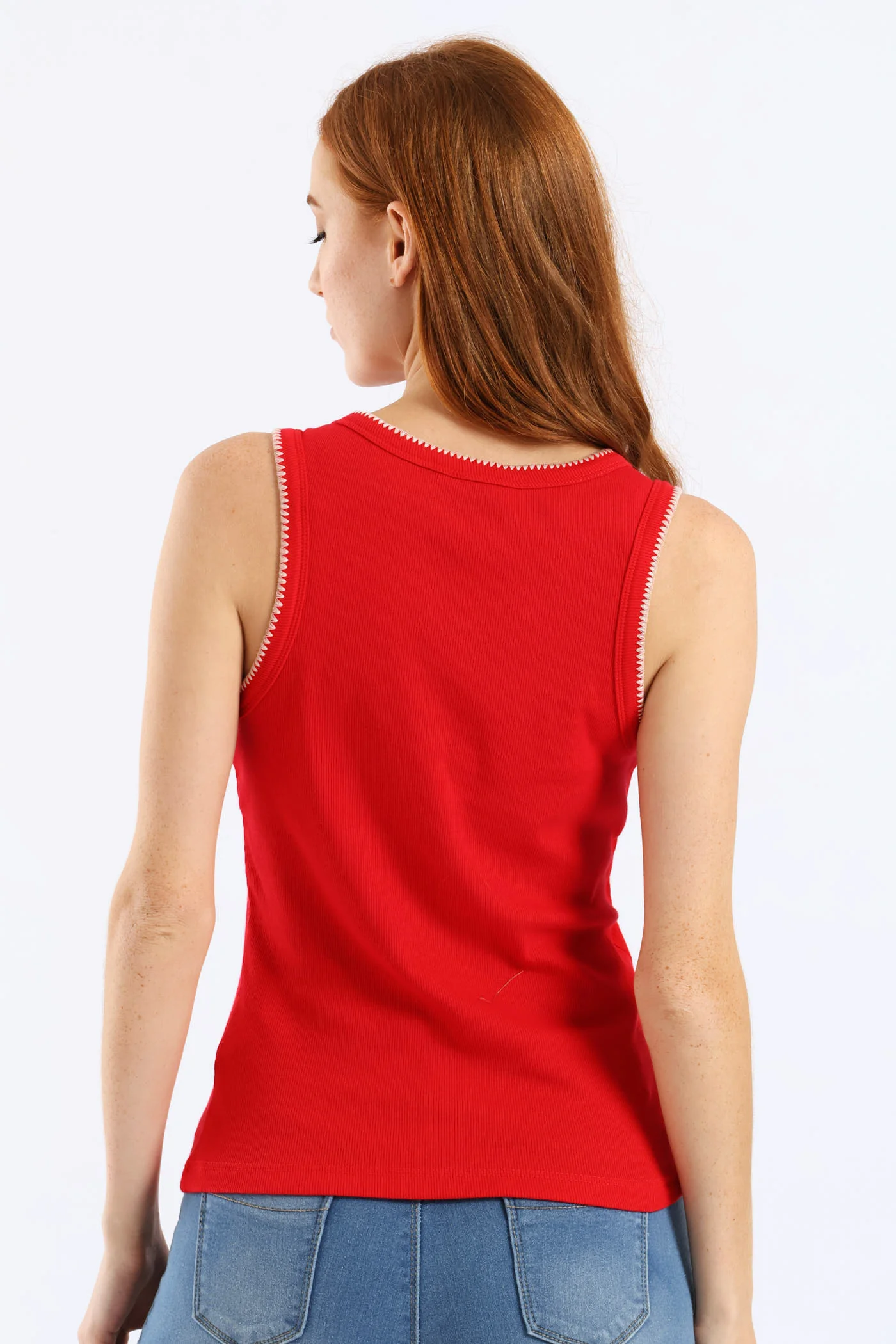 Stitch Edge Detail Rib Tank - Rose Red - Image 4
