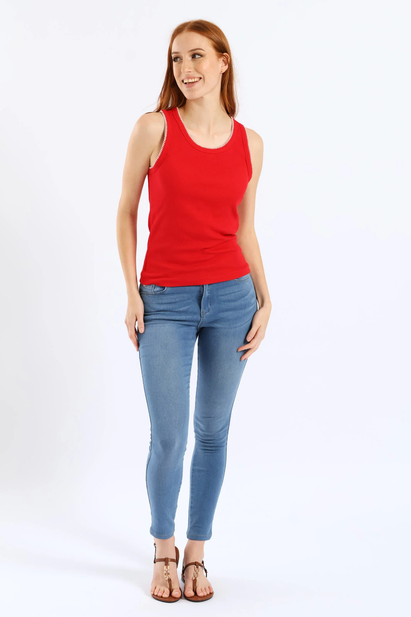 Stitch Edge Detail Rib Tank - Rose Red - Image 5