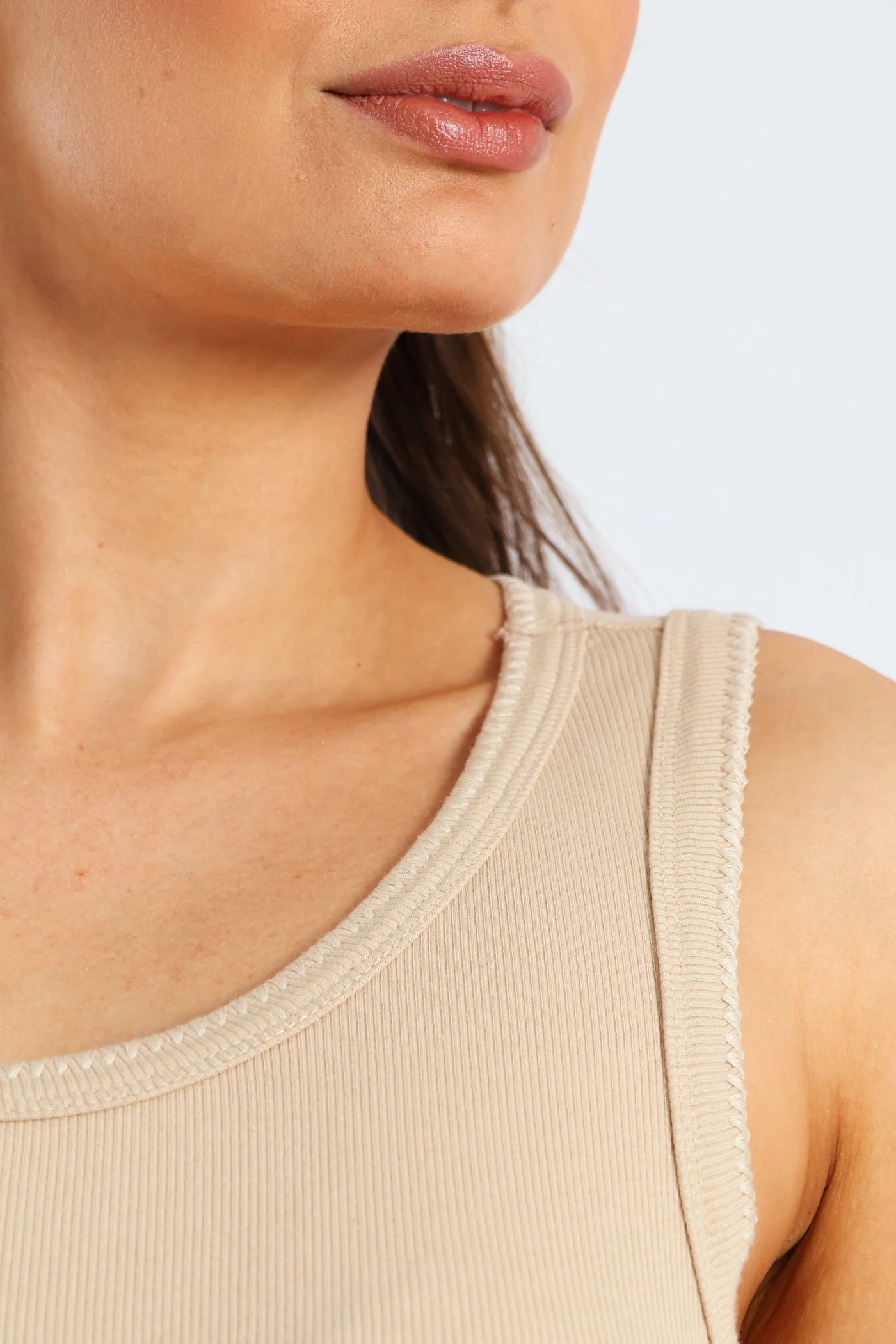 Stitch Edge Detail Rib Tank Top - Stone - Image 5