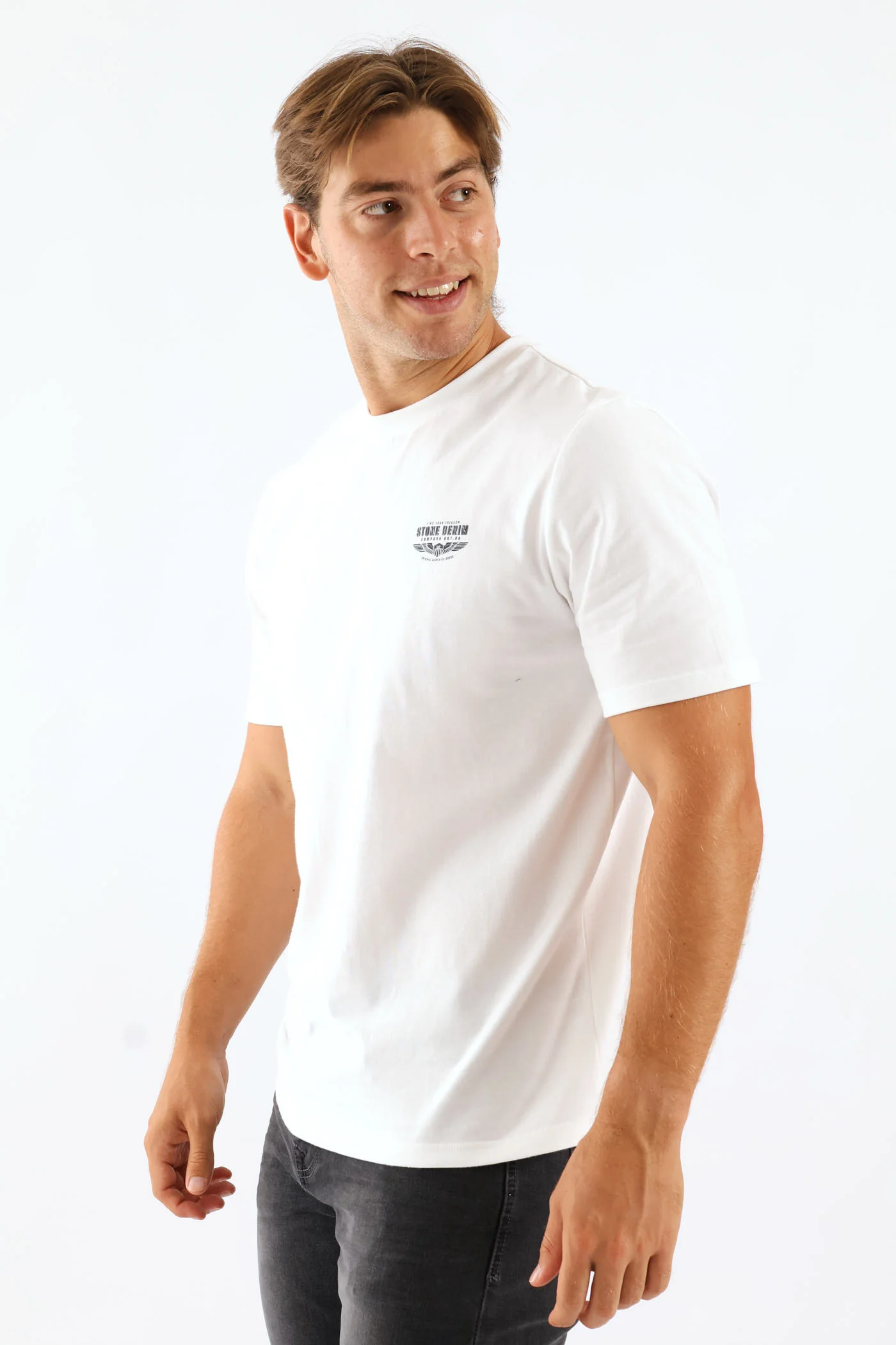Stone Denim Wings Heavy Weight Chest Print Tee - White - Image 4