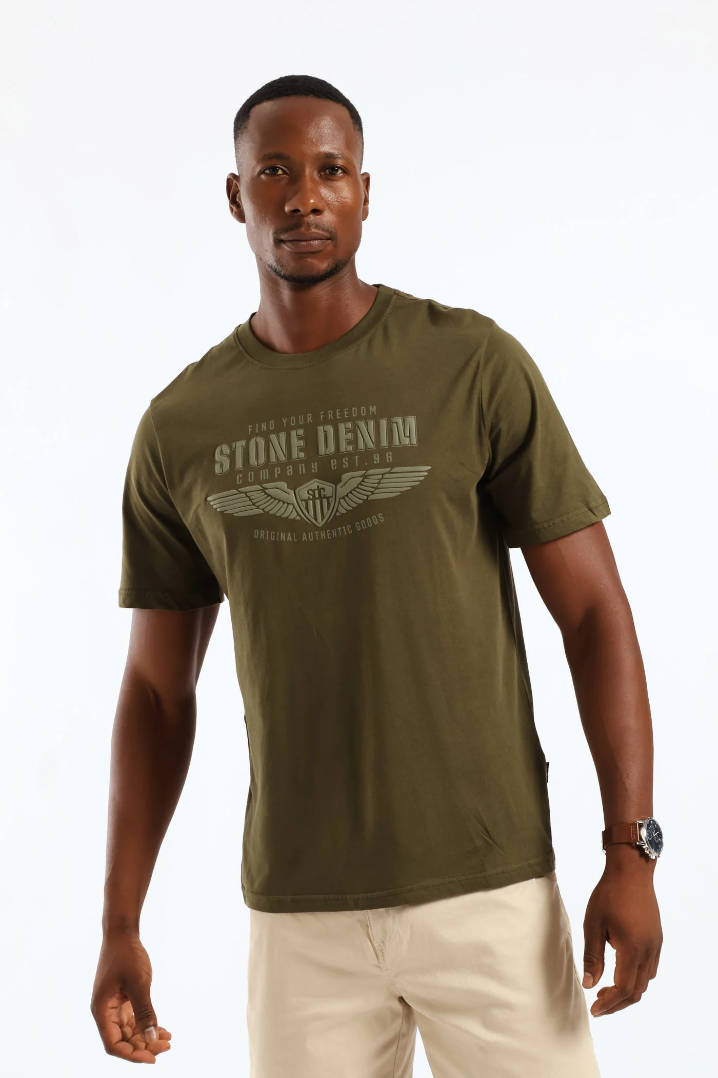 Stone Denim Wings Tee - Olive - Image 3
