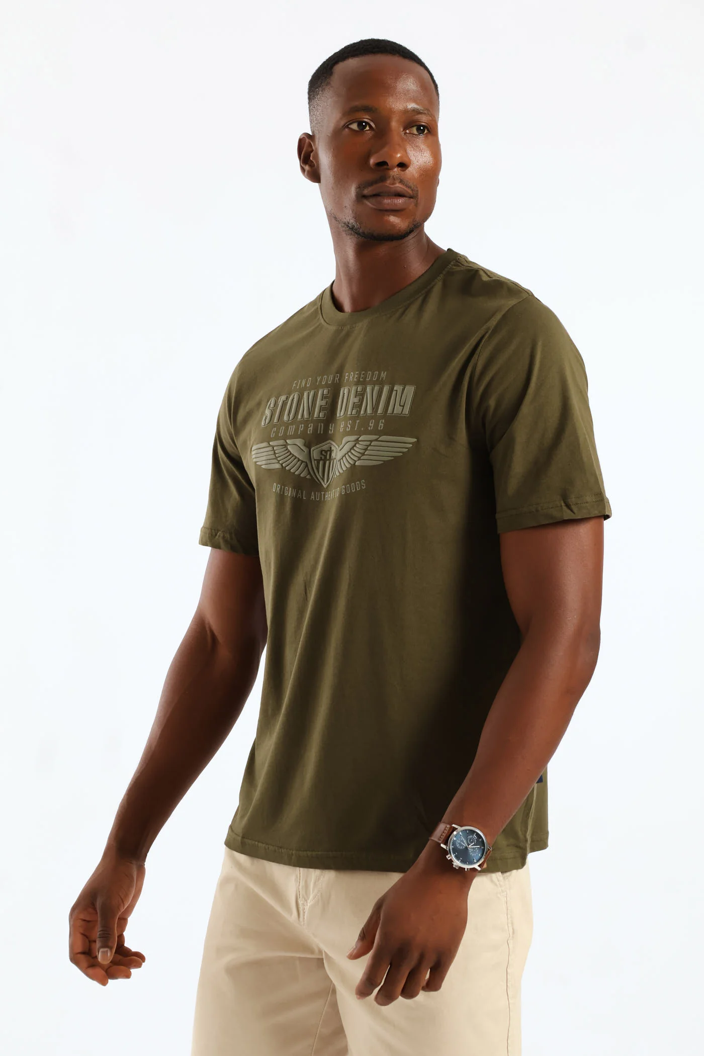 Stone Denim Wings Tee - Olive - Image 4