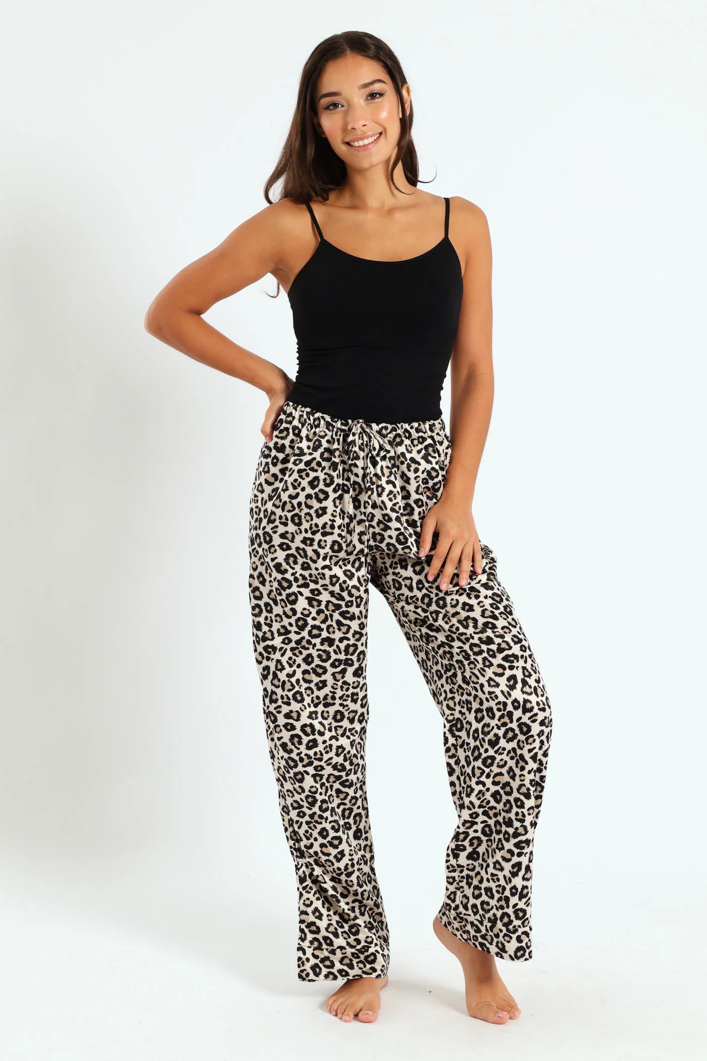Straight Leg Animal Print Satin Pant - Black/Brown - Image 4