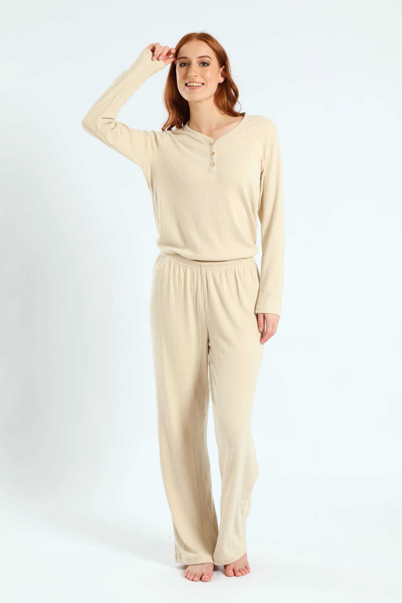 Straight Leg Brushed Rib Pant - Beige - Image 2