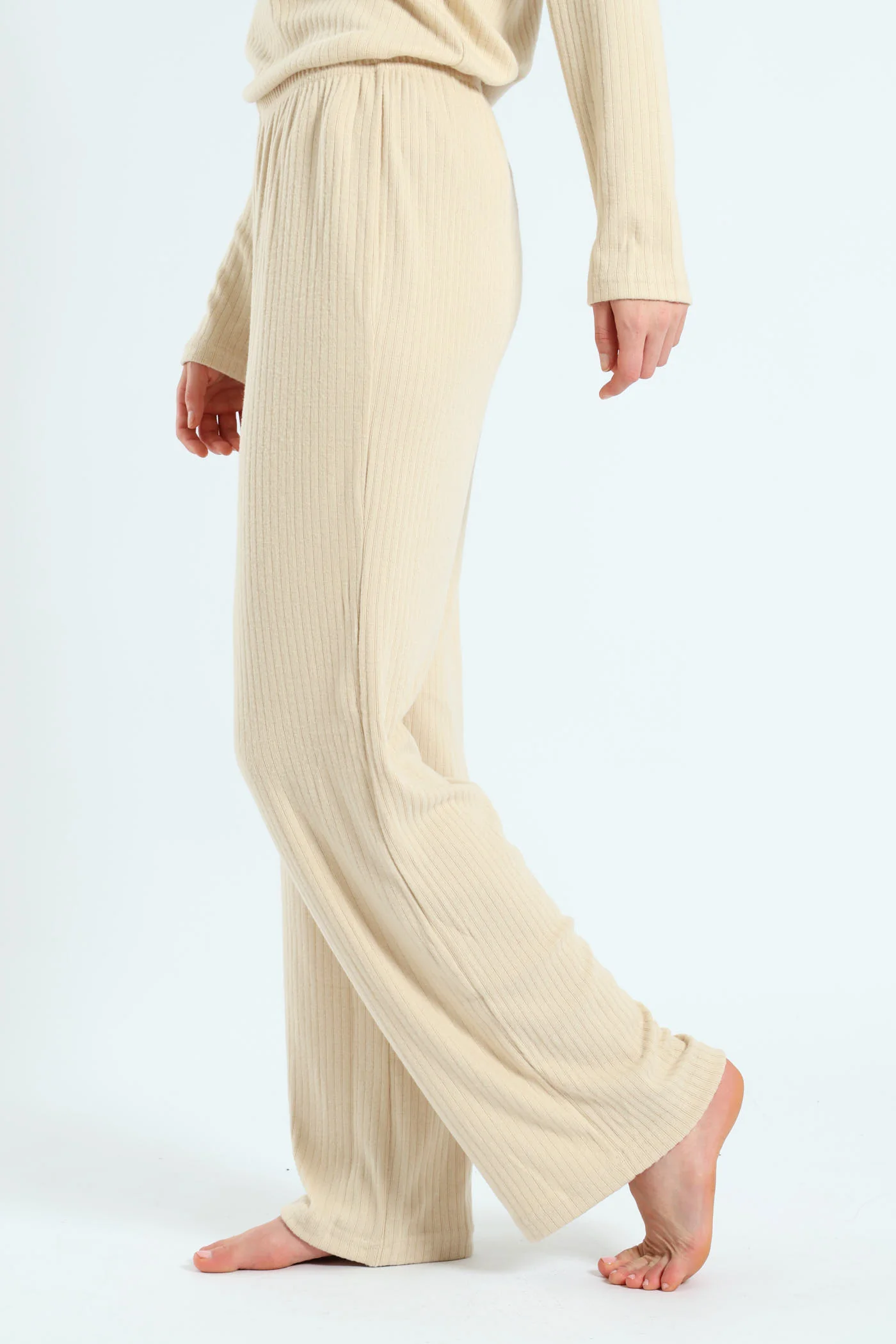 Straight Leg Brushed Rib Pant - Beige - Image 3