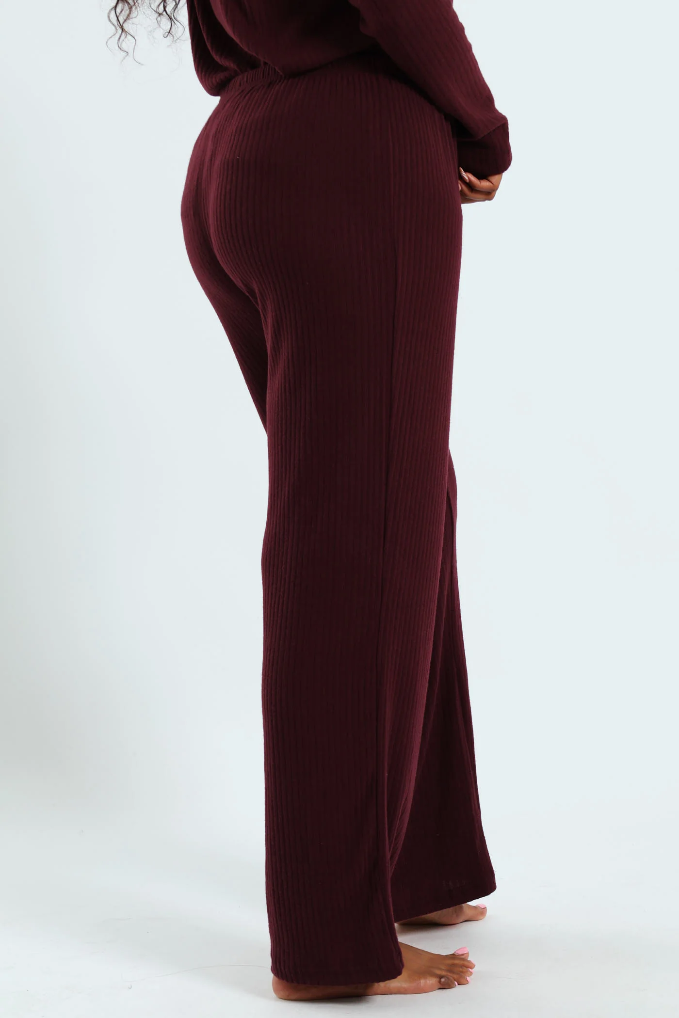 Straight Leg Brushed Rib Pants - Wine - Image 3