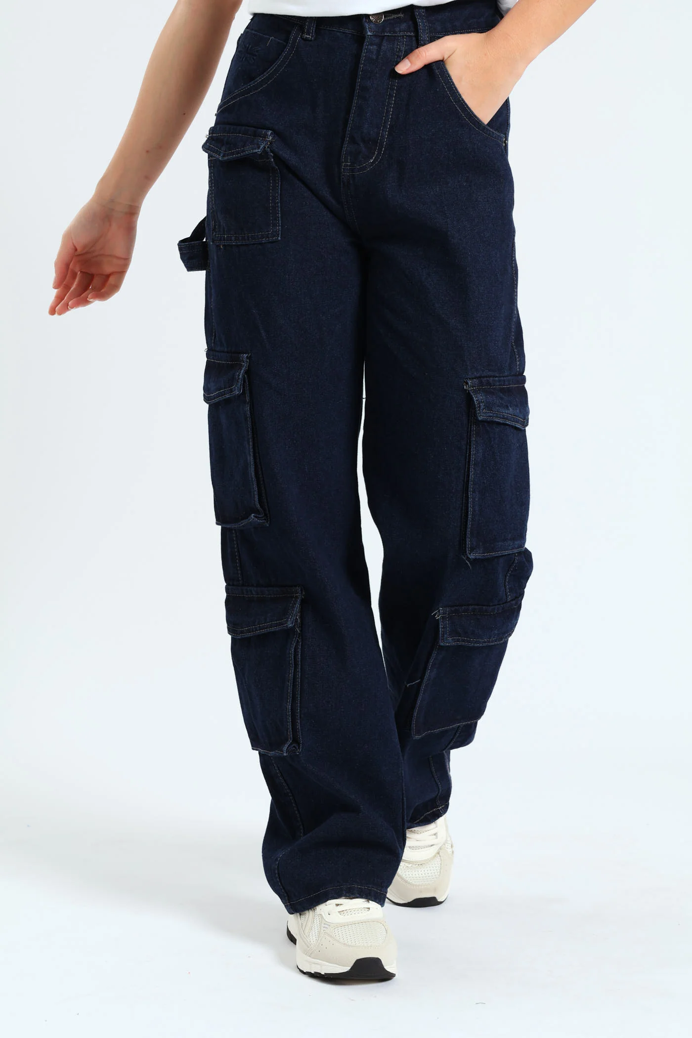 Straight Leg High Rise Cargo Jean - Mid Blue - Image 2