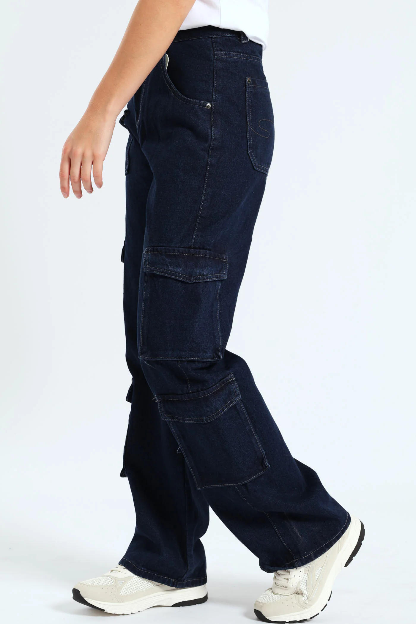 Straight Leg High Rise Cargo Jean - Mid Blue - Image 3