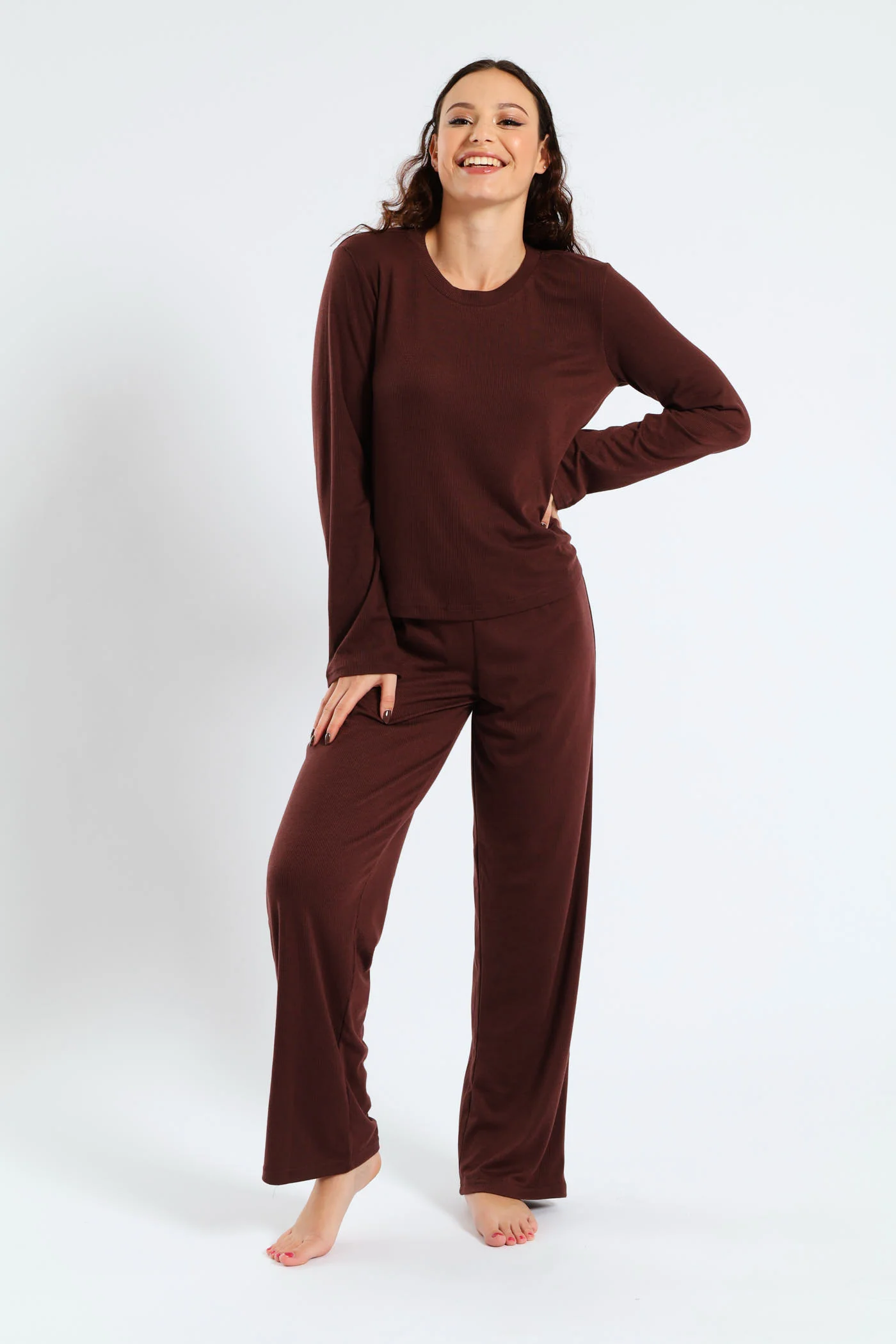 Straight Leg Rib Knit Pant - Brown - Image 2