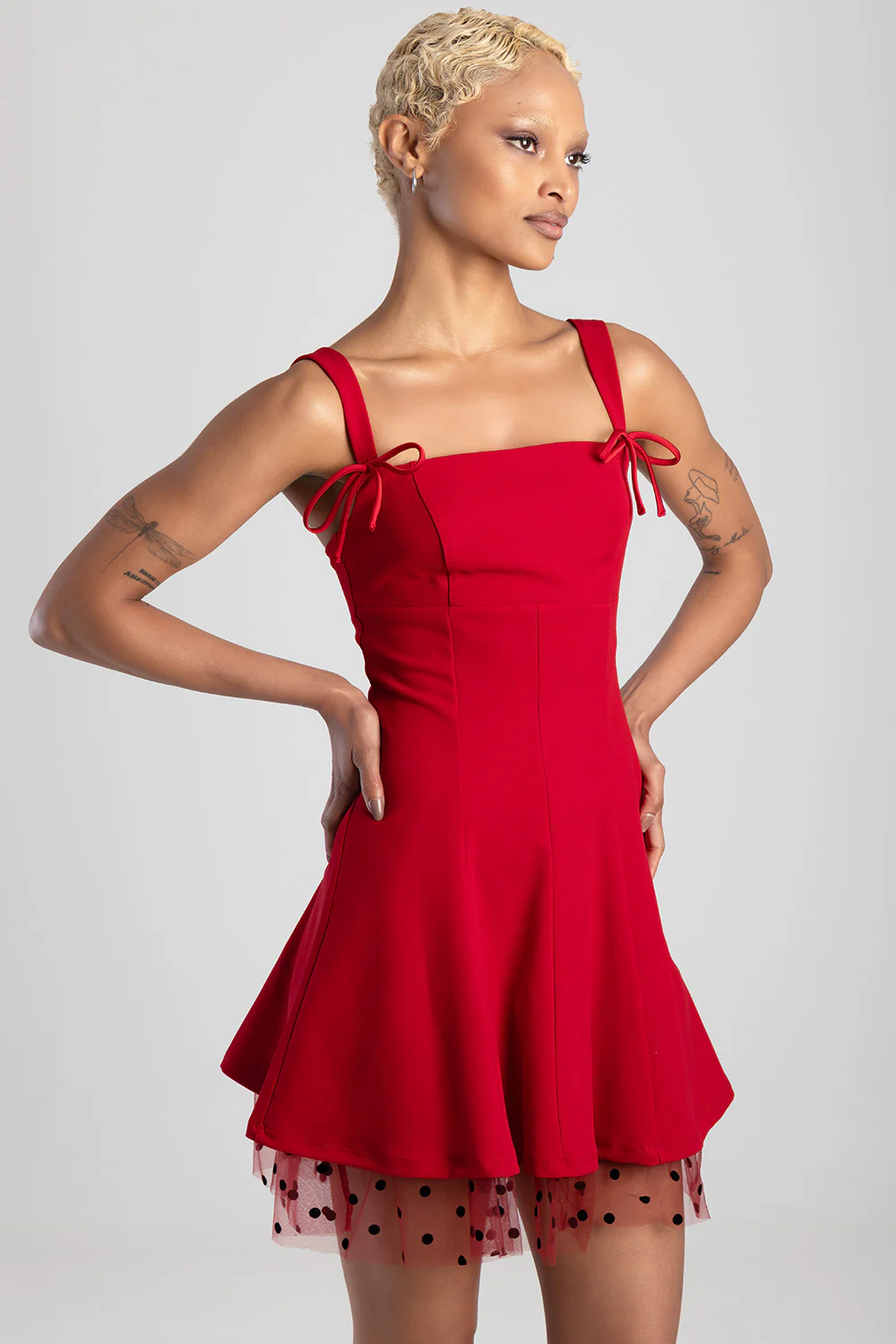 Straight Neckline Bow Detail Mini Dress - Red - Image 3