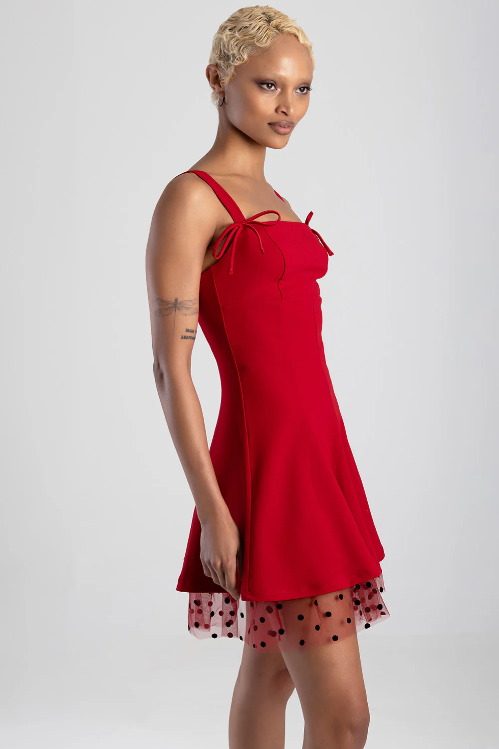 Straight Neckline Bow Detail Mini Dress - Red - Image 6