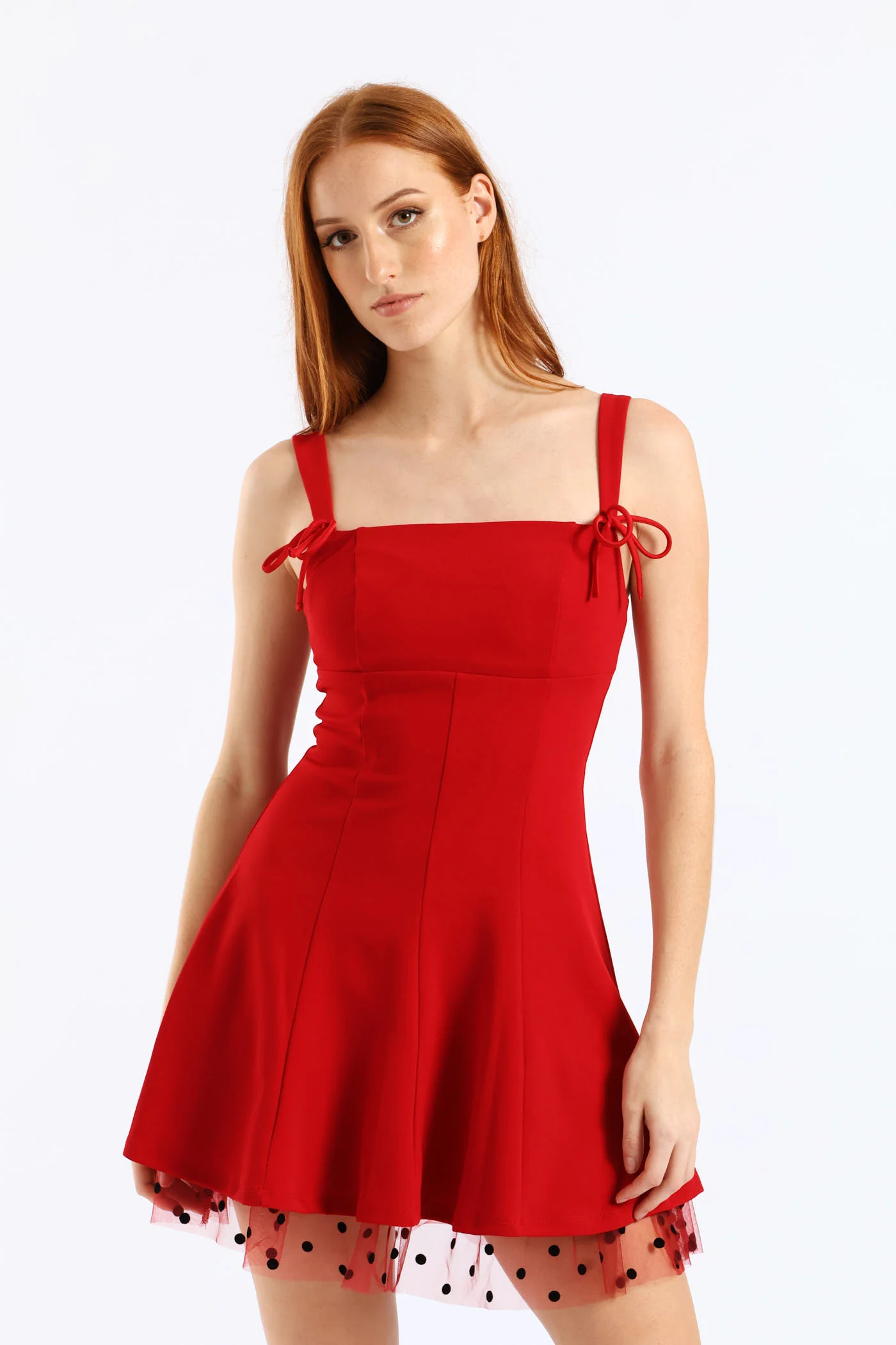 Straight Neckline Bow Detail Mini Dress - Red - Image 8