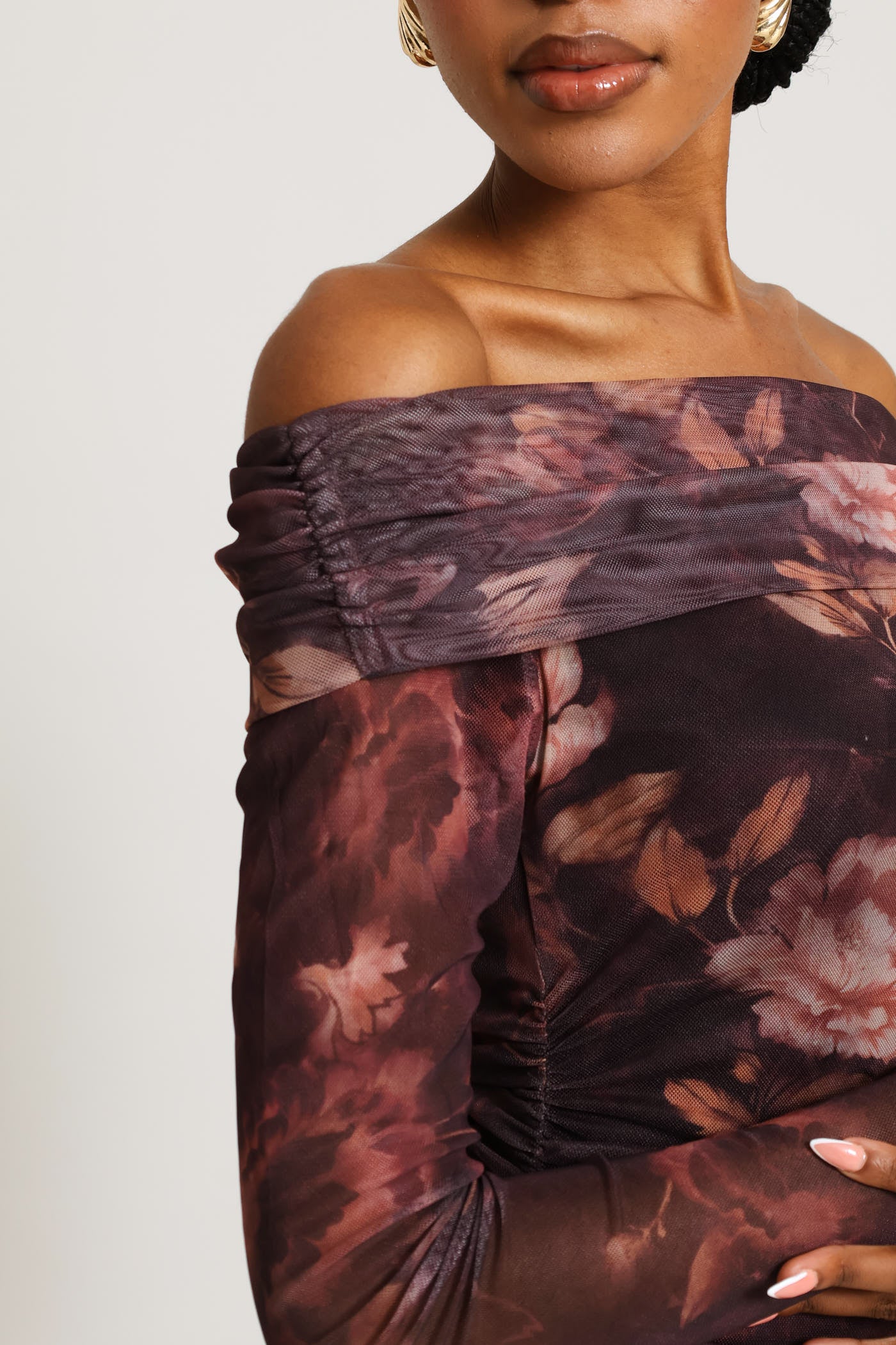 Off Shoulder Mesh Maxi Dress - Plum - Image 2