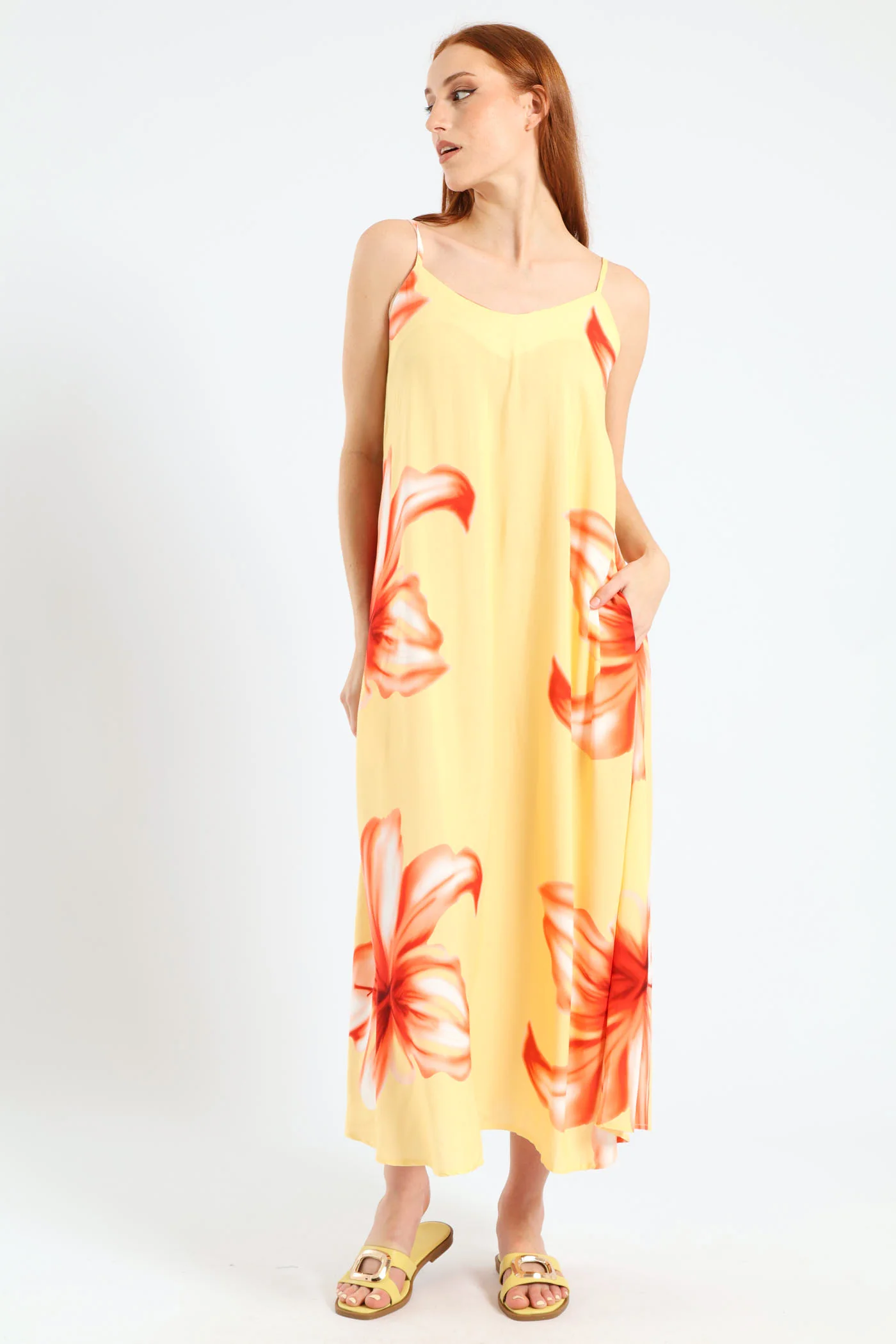 Strappy A-Line Hyper Floral Slip Midi Dress - Light Yellow - Image 3
