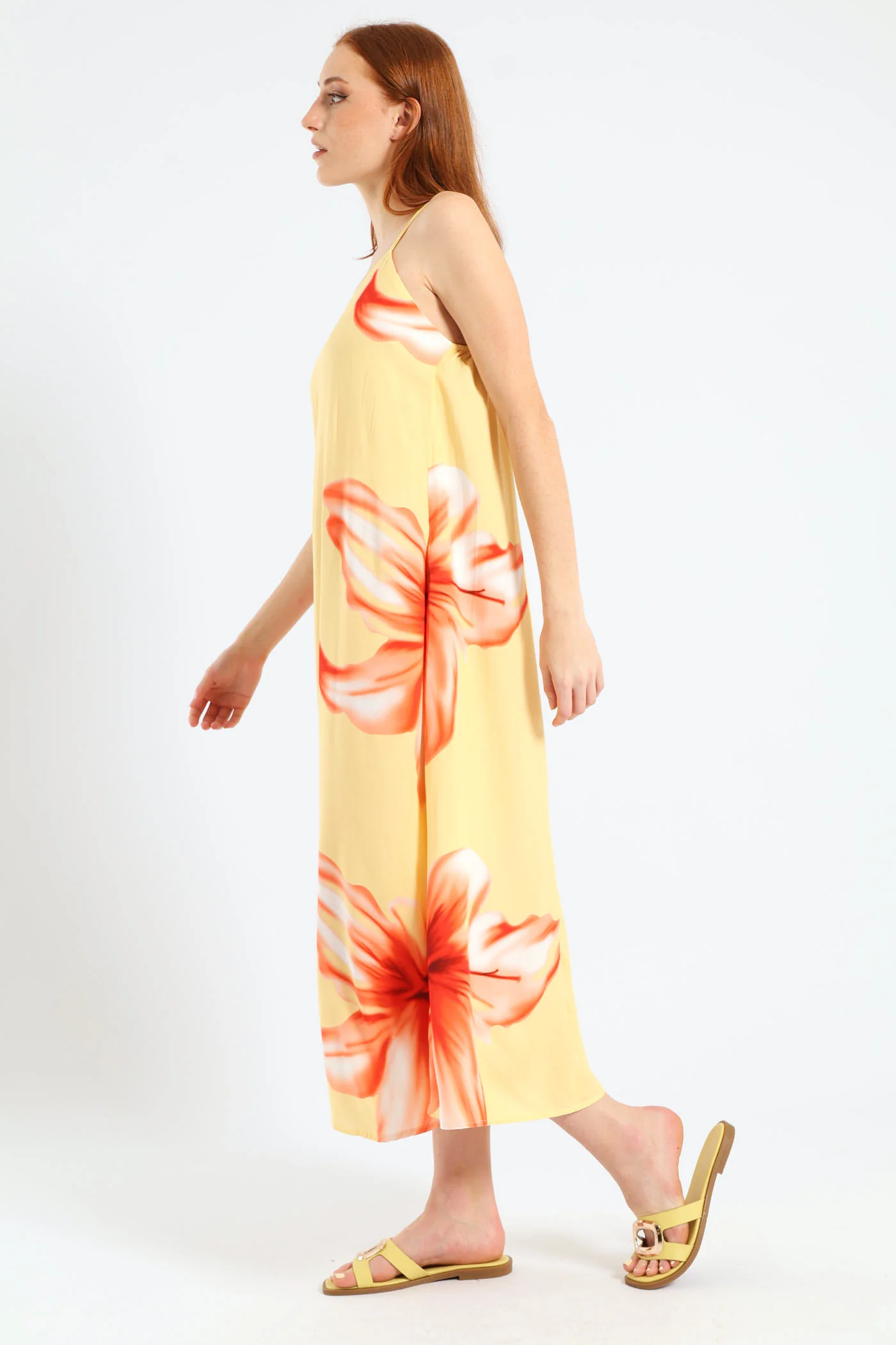 Strappy A-Line Hyper Floral Slip Midi Dress - Light Yellow - Image 4