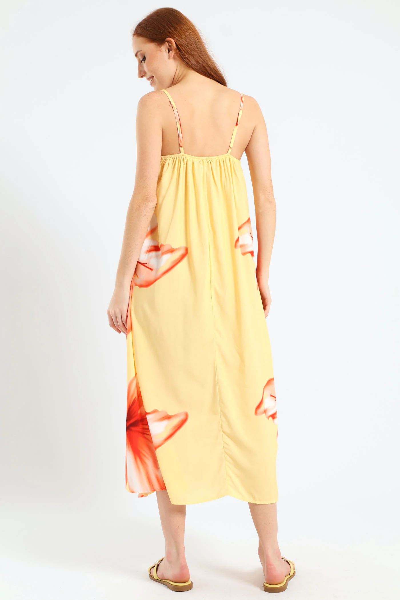Strappy A-Line Hyper Floral Slip Midi Dress - Light Yellow - Image 5
