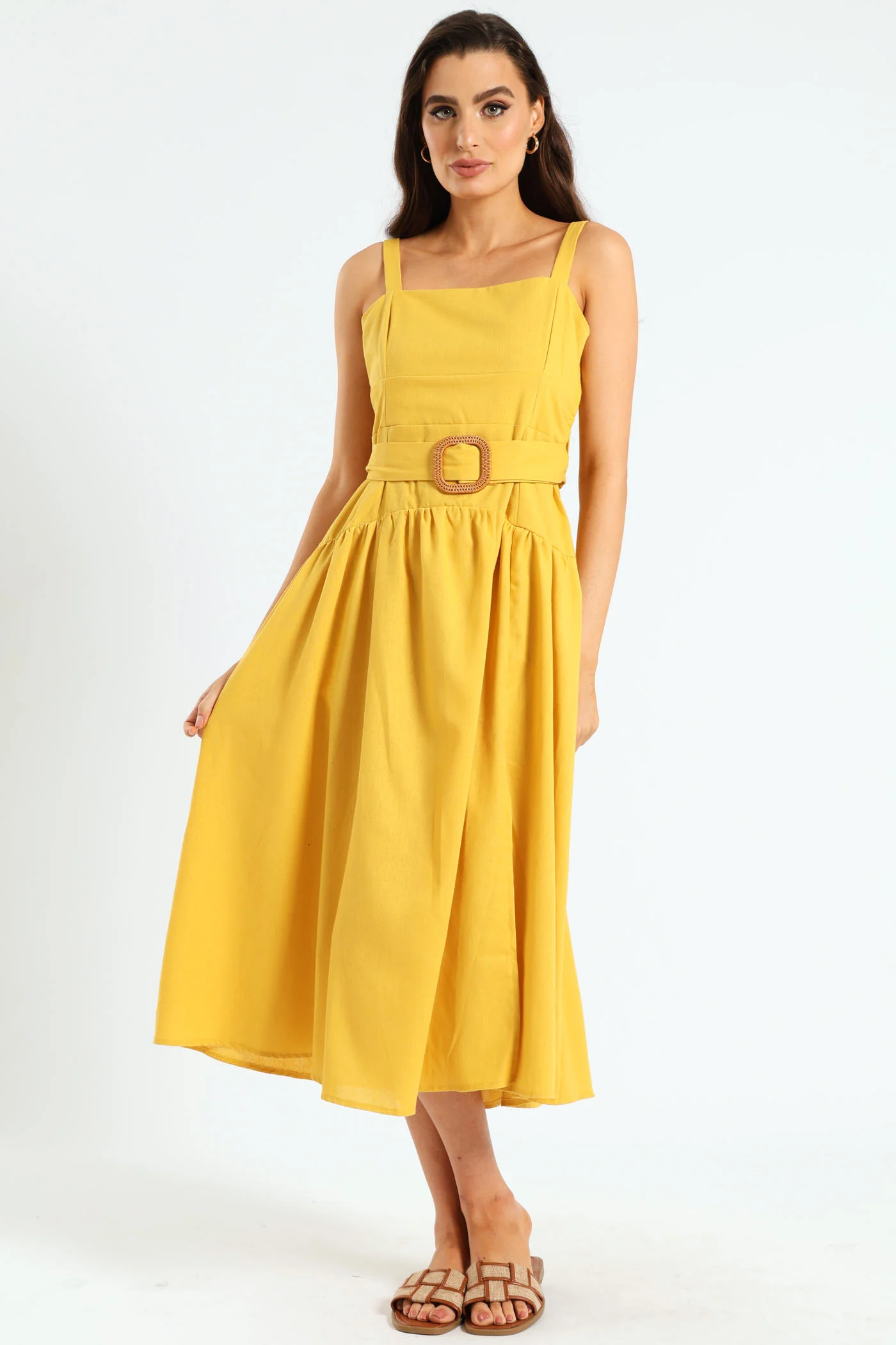 Strappy Belted Pleated Slit Midi Dress - Mustard - Image 2