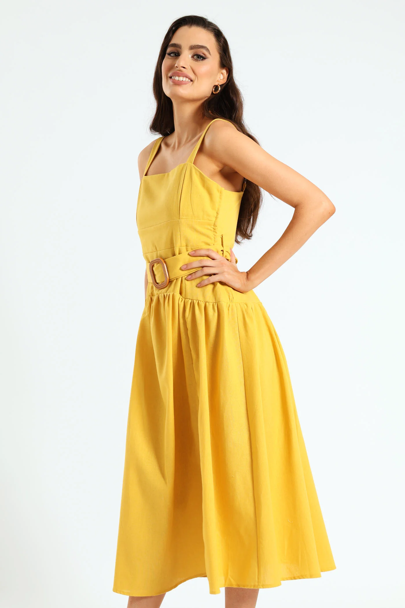Strappy Belted Pleated Slit Midi Dress - Mustard - Image 3