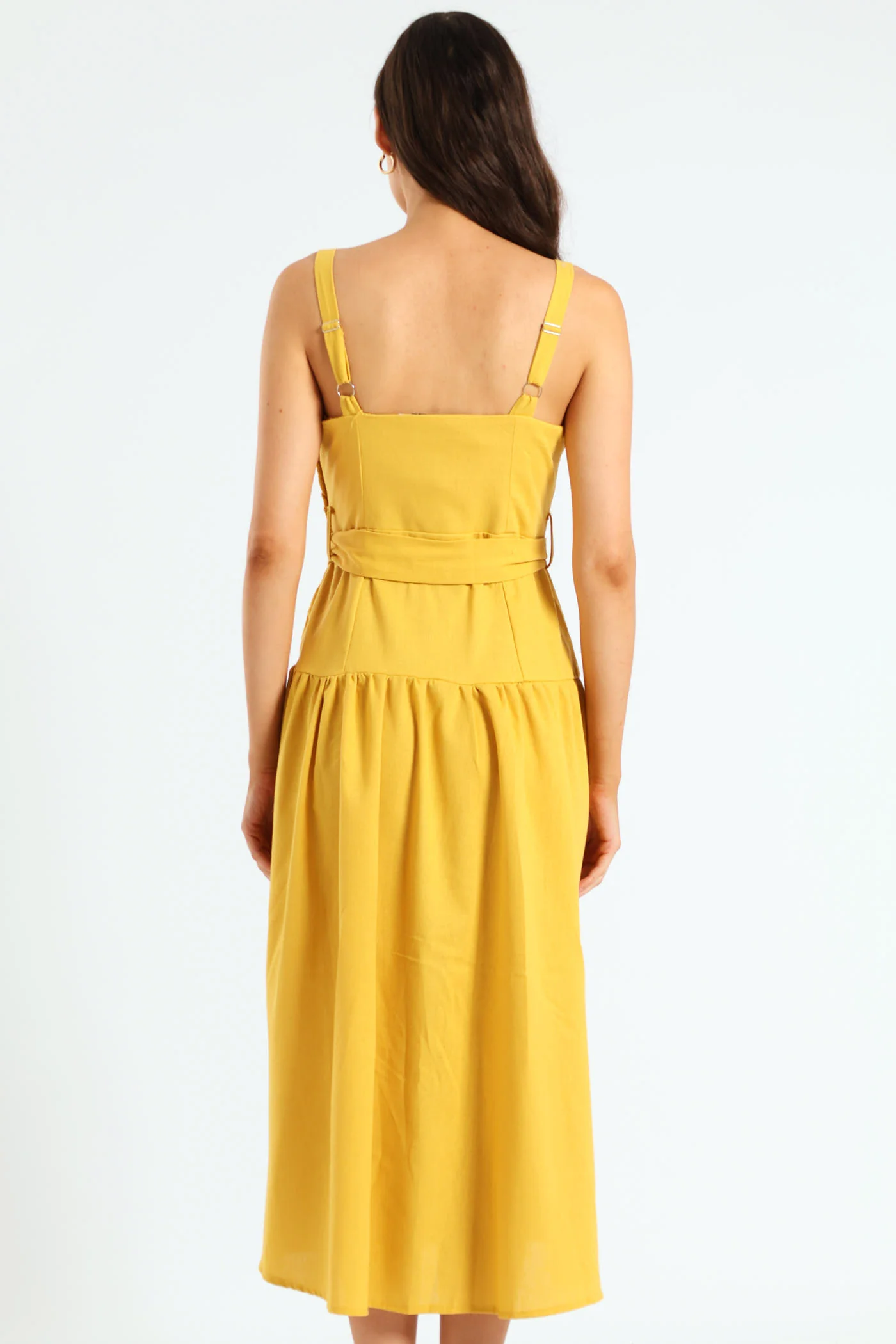 Strappy Belted Pleated Slit Midi Dress - Mustard - Image 4