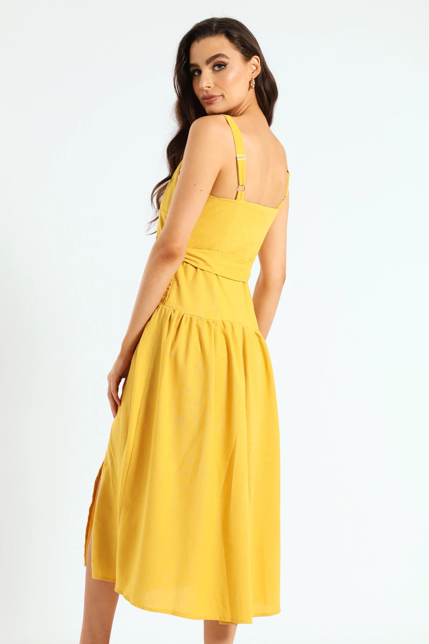 Strappy Belted Pleated Slit Midi Dress - Mustard - Image 5