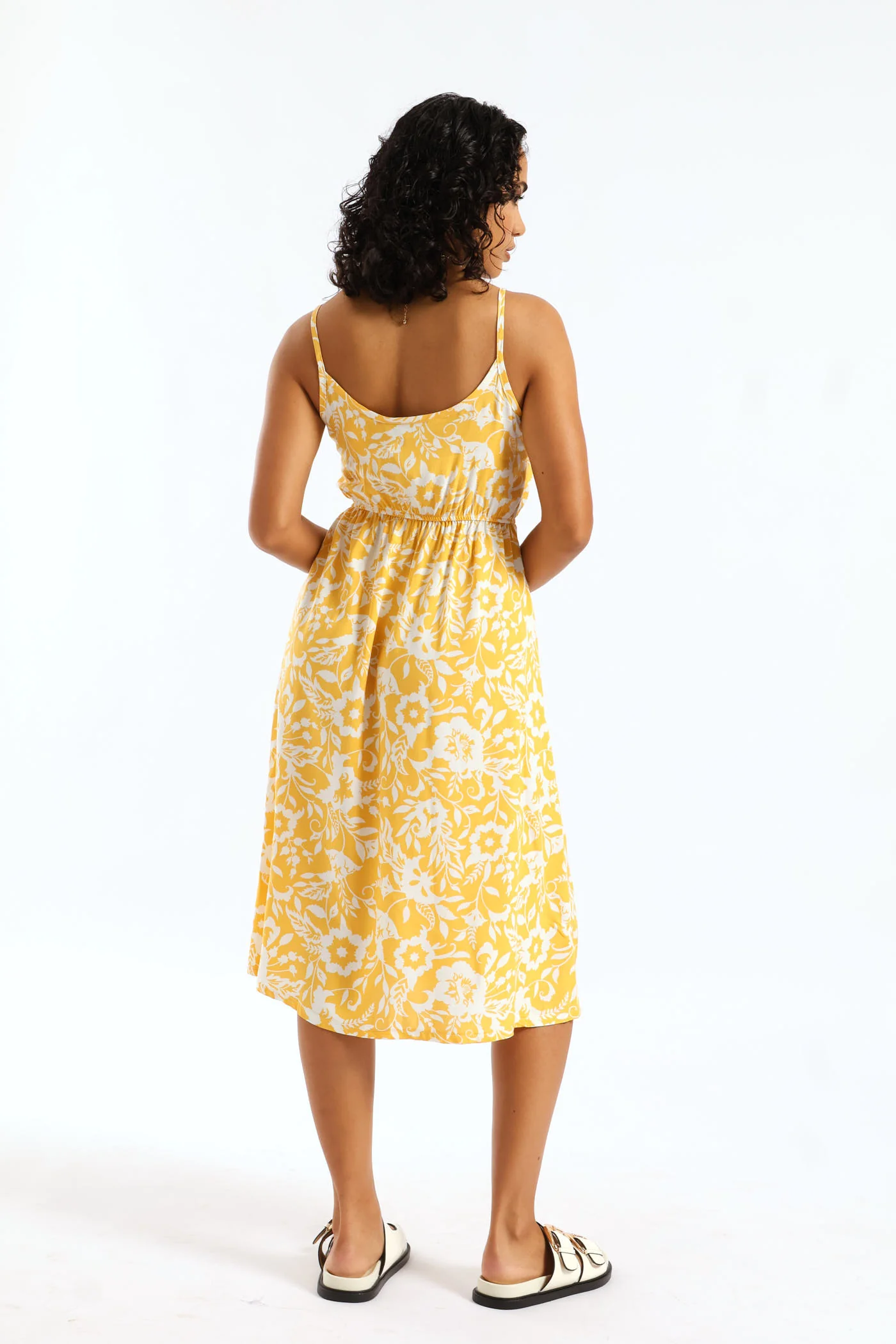 Strappy Button Detail Printed Sundress - White/Yellow - Image 3