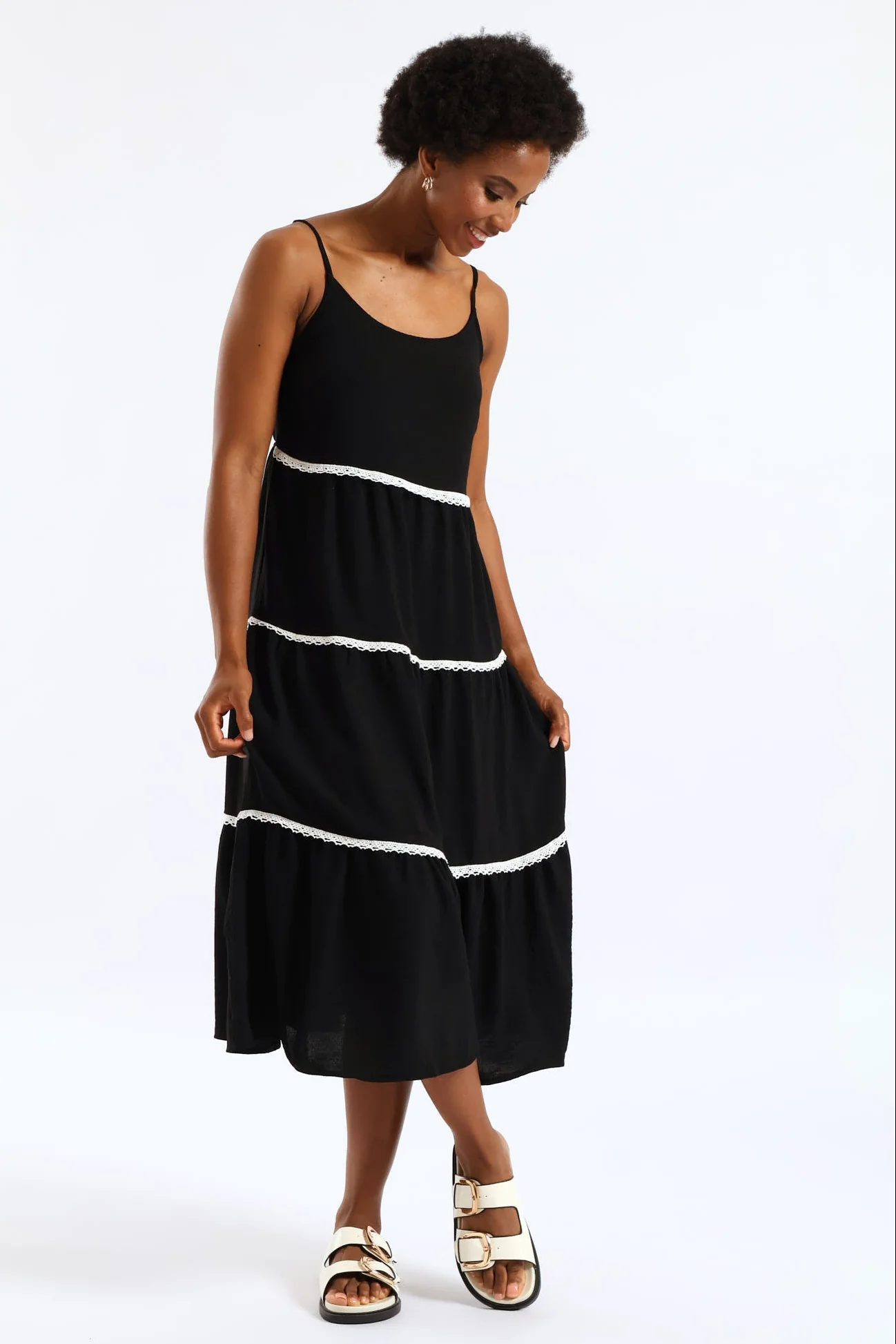 Strappy Contrast Tape Detail Crinkle Tiered Midi Dress  - Black - Image 2