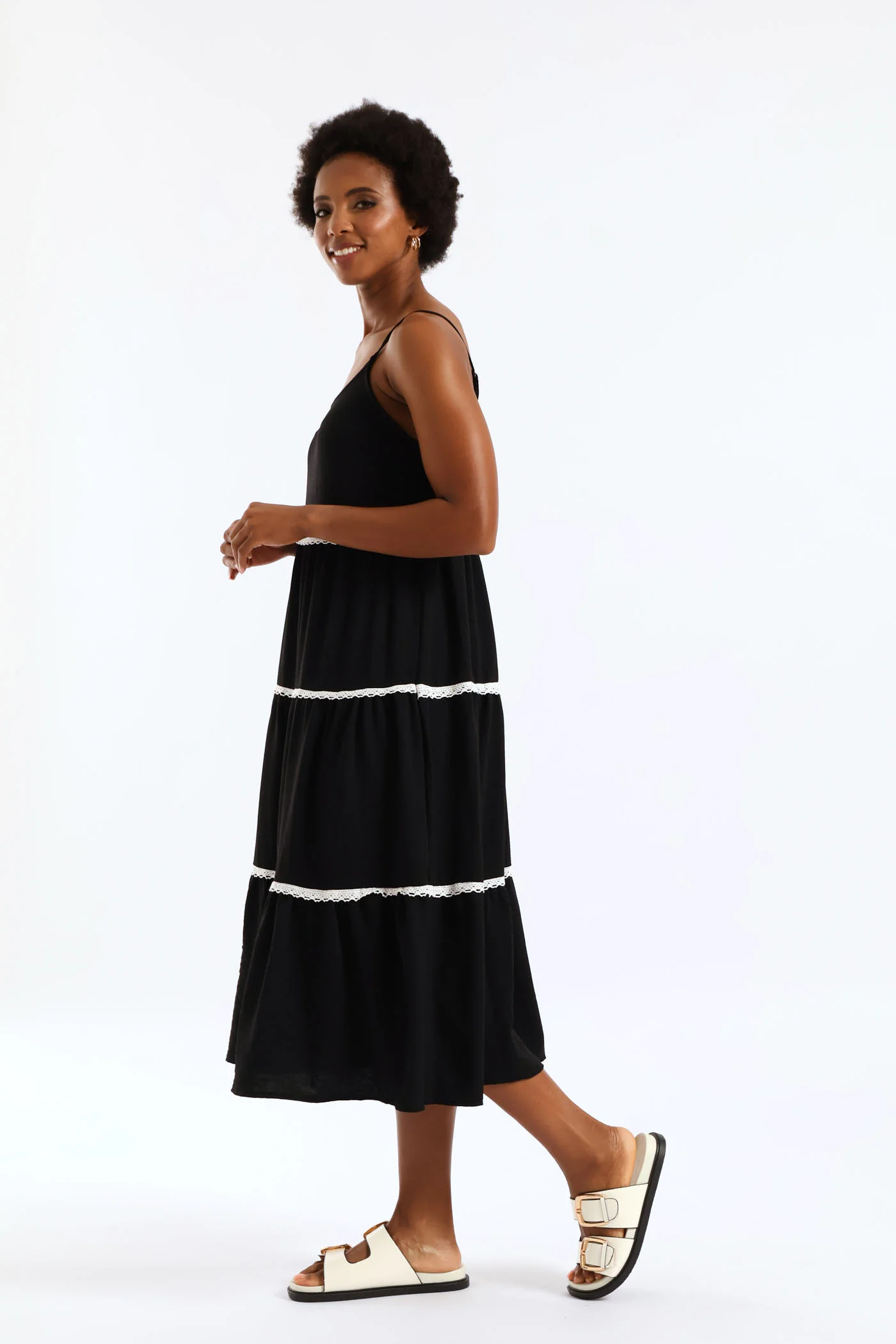 Strappy Contrast Tape Detail Crinkle Tiered Midi Dress  - Black - Image 4