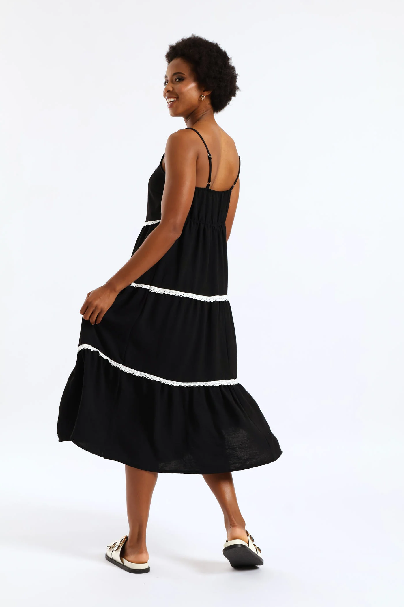 Strappy Contrast Tape Detail Crinkle Tiered Midi Dress  - Black - Image 5