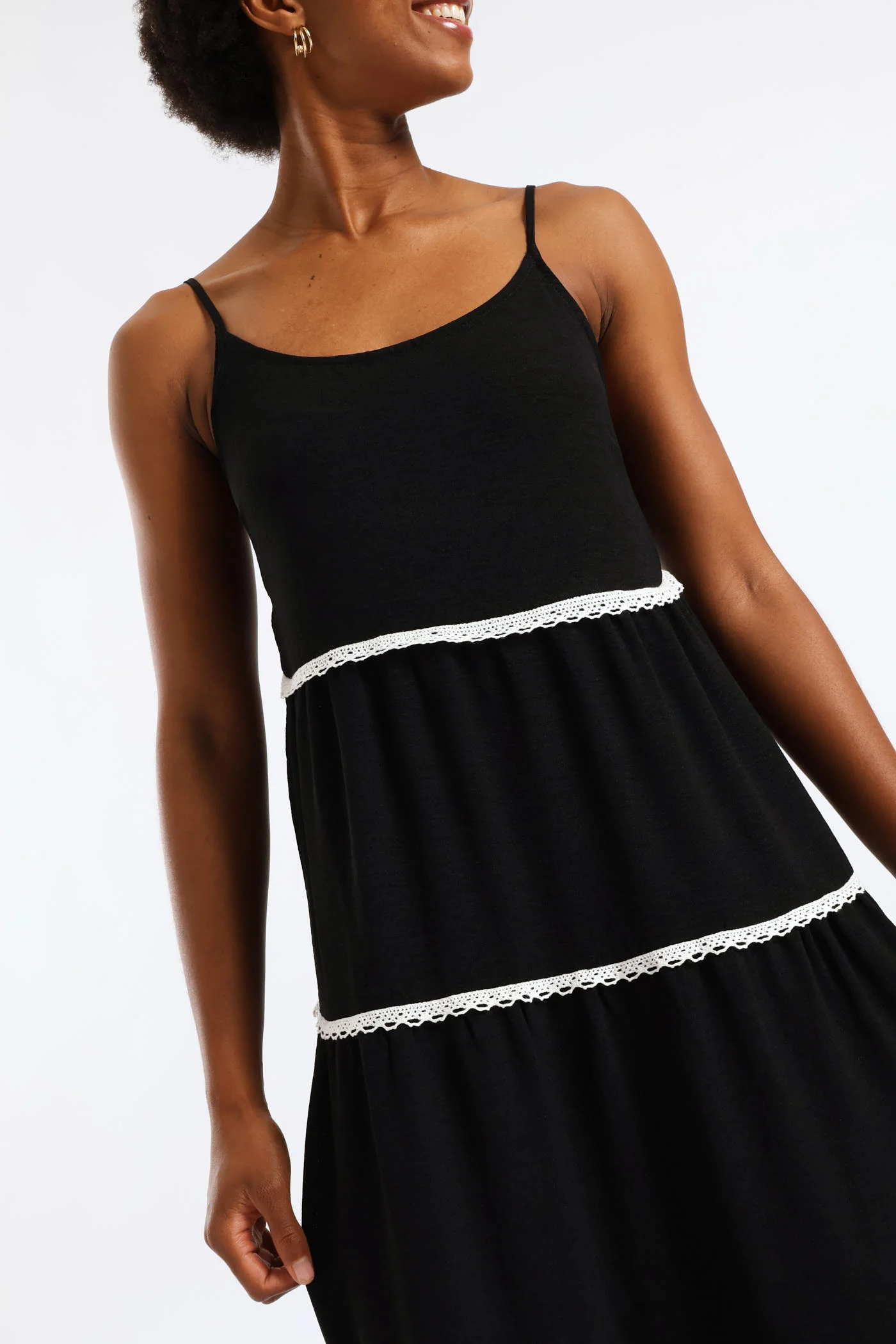 Strappy Contrast Tape Detail Crinkle Tiered Midi Dress  - Black - Image 6