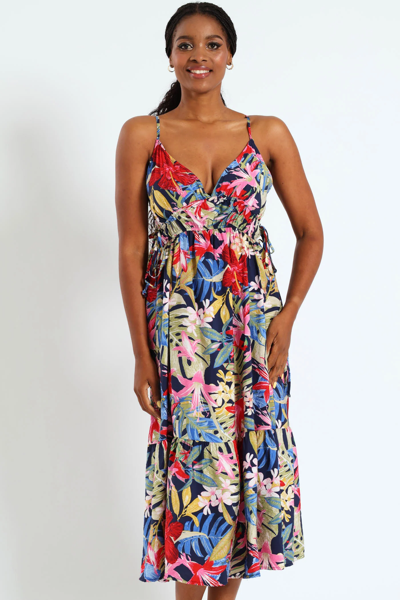 Strappy Double Drawstring Detail Frill Hem Midi Dress - Image 2