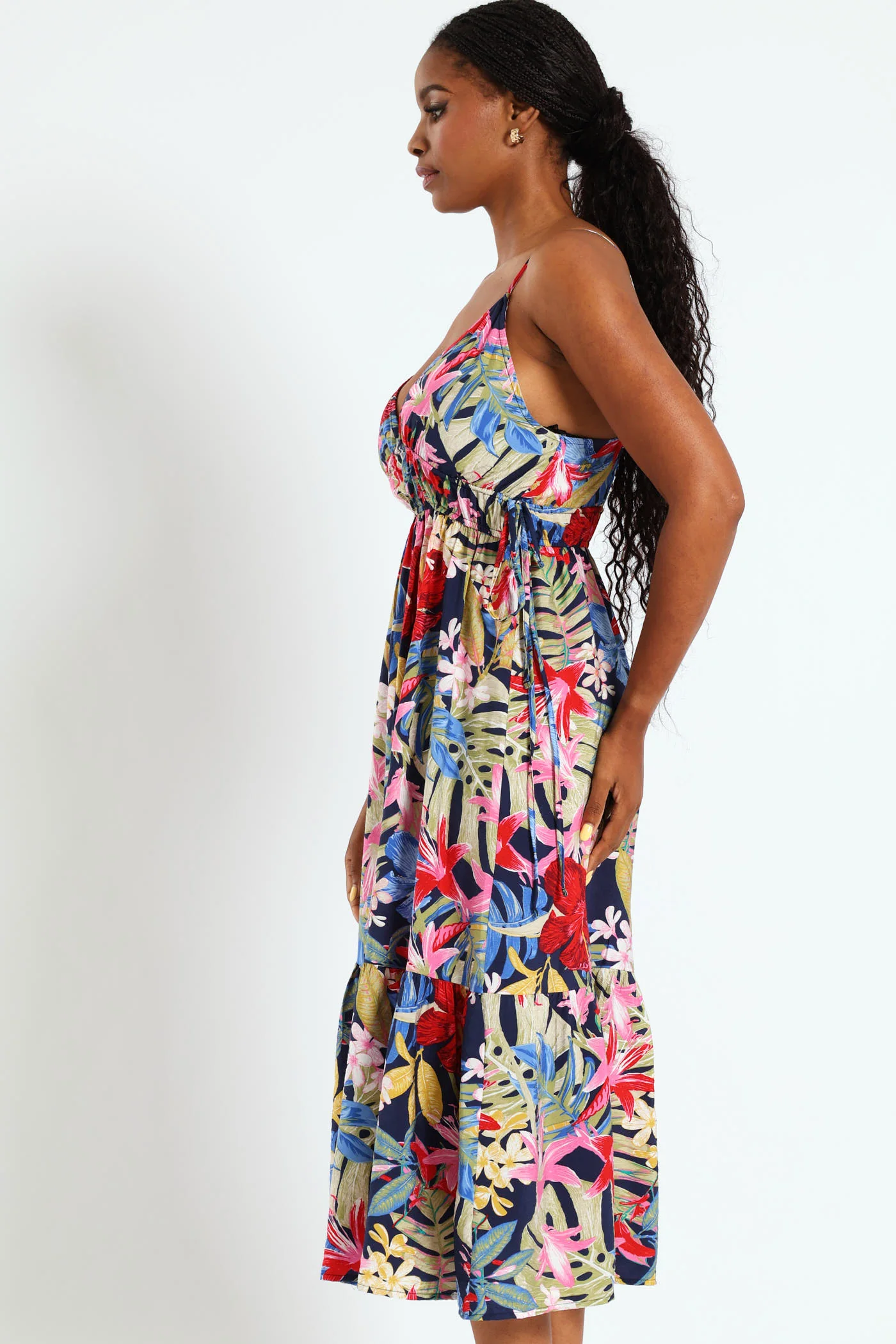 Strappy Double Drawstring Detail Frill Hem Midi Dress - Image 3