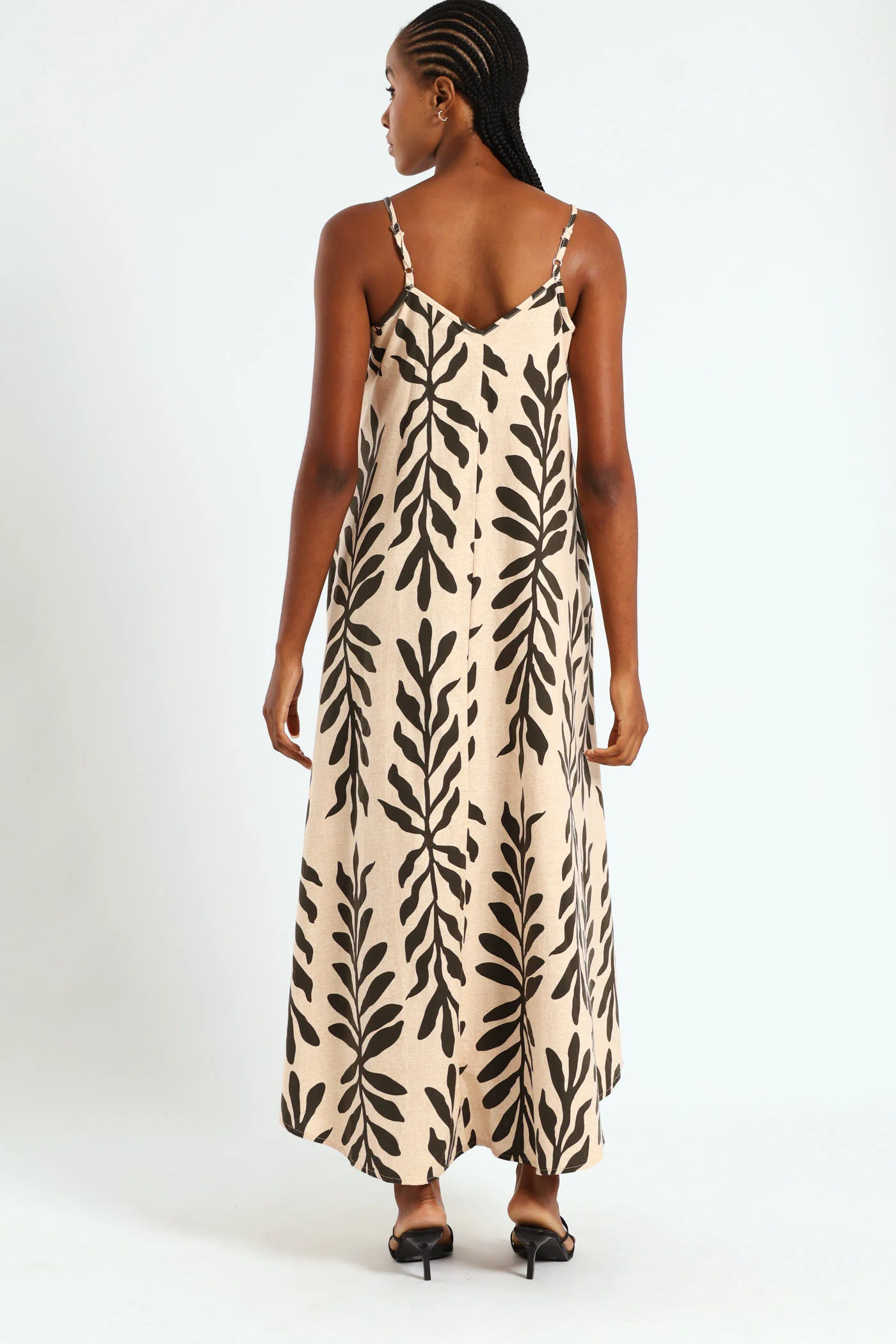 Strappy Double Drawstring Detail Frill Hem Midi Dress - Cream/Black - Image 2