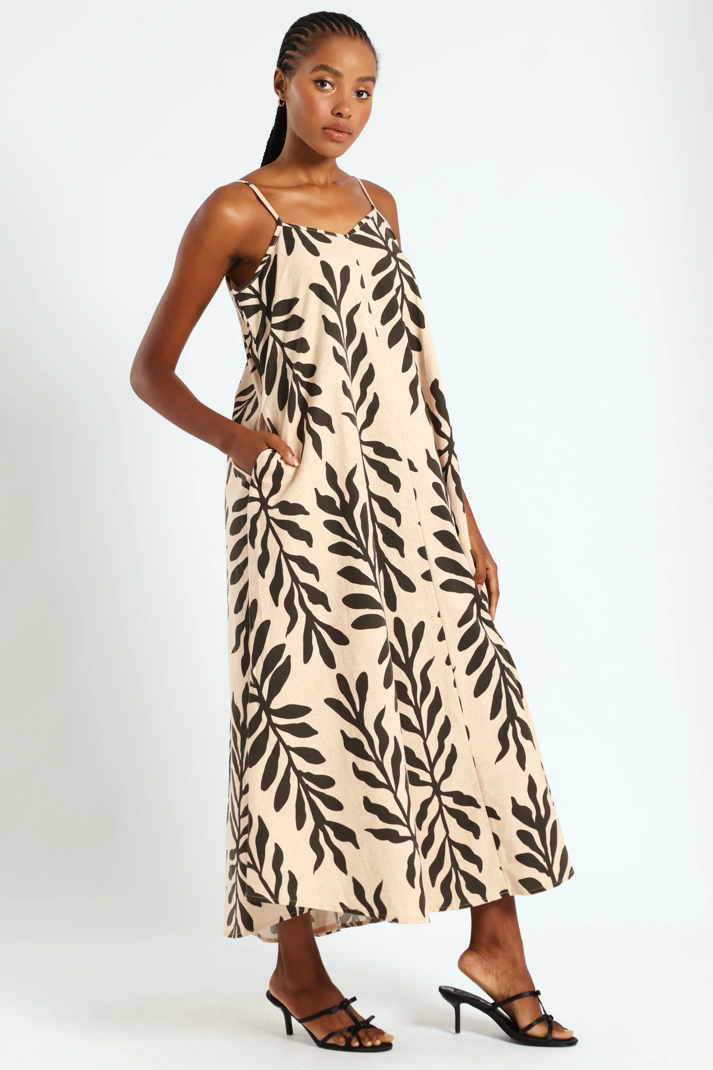 Strappy Double Drawstring Detail Frill Hem Midi Dress - Cream/Black - Image 3