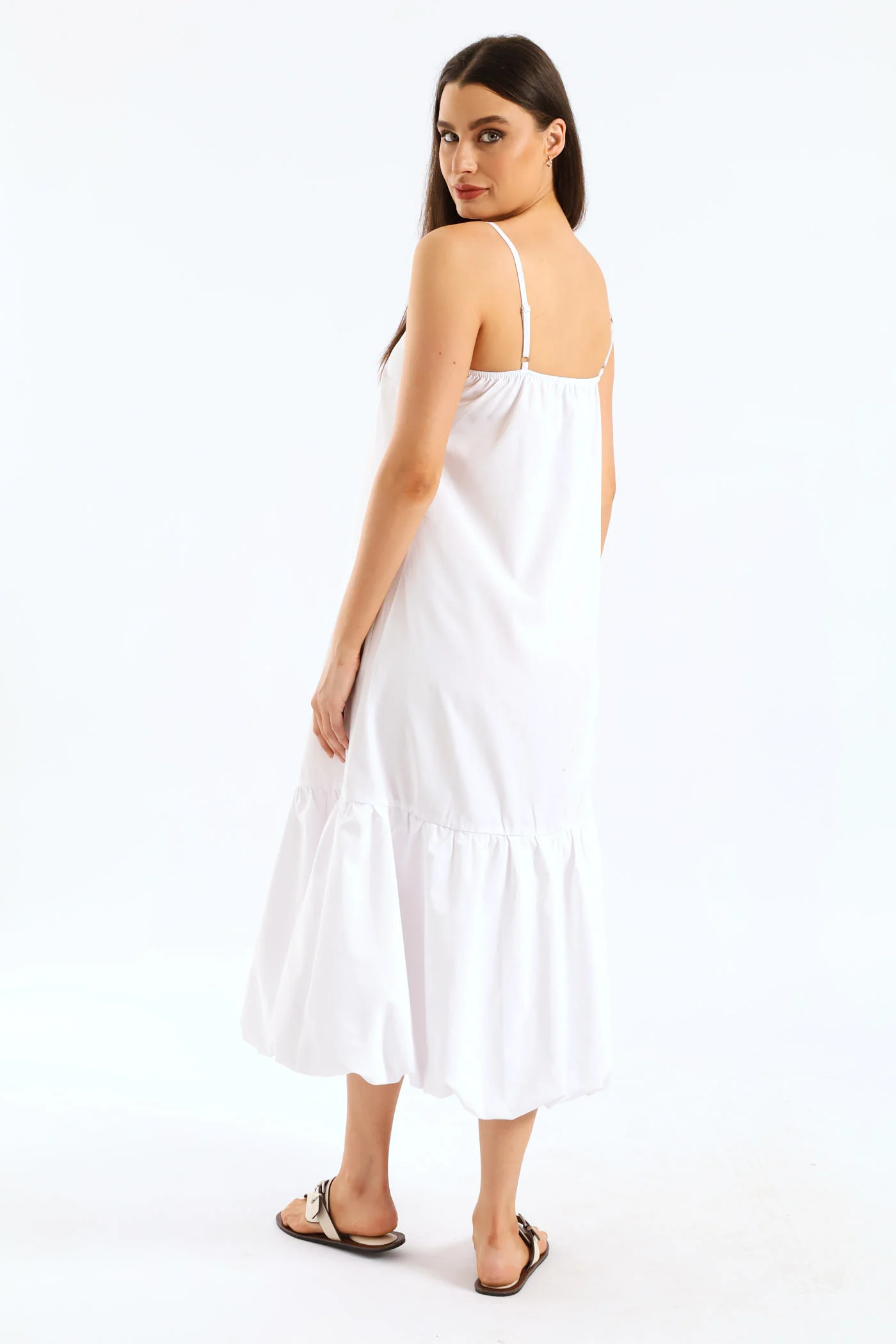 Strappy Drop Bubble Hem Slip Midi Dress - White - Image 3