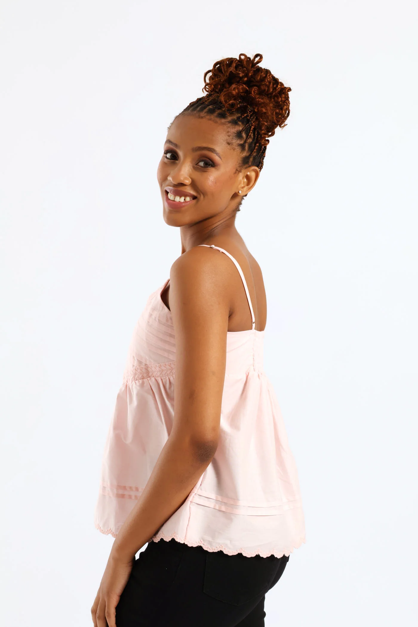 Strappy Embroidered Babydoll Pintuck Cami - Light Blush - Image 5
