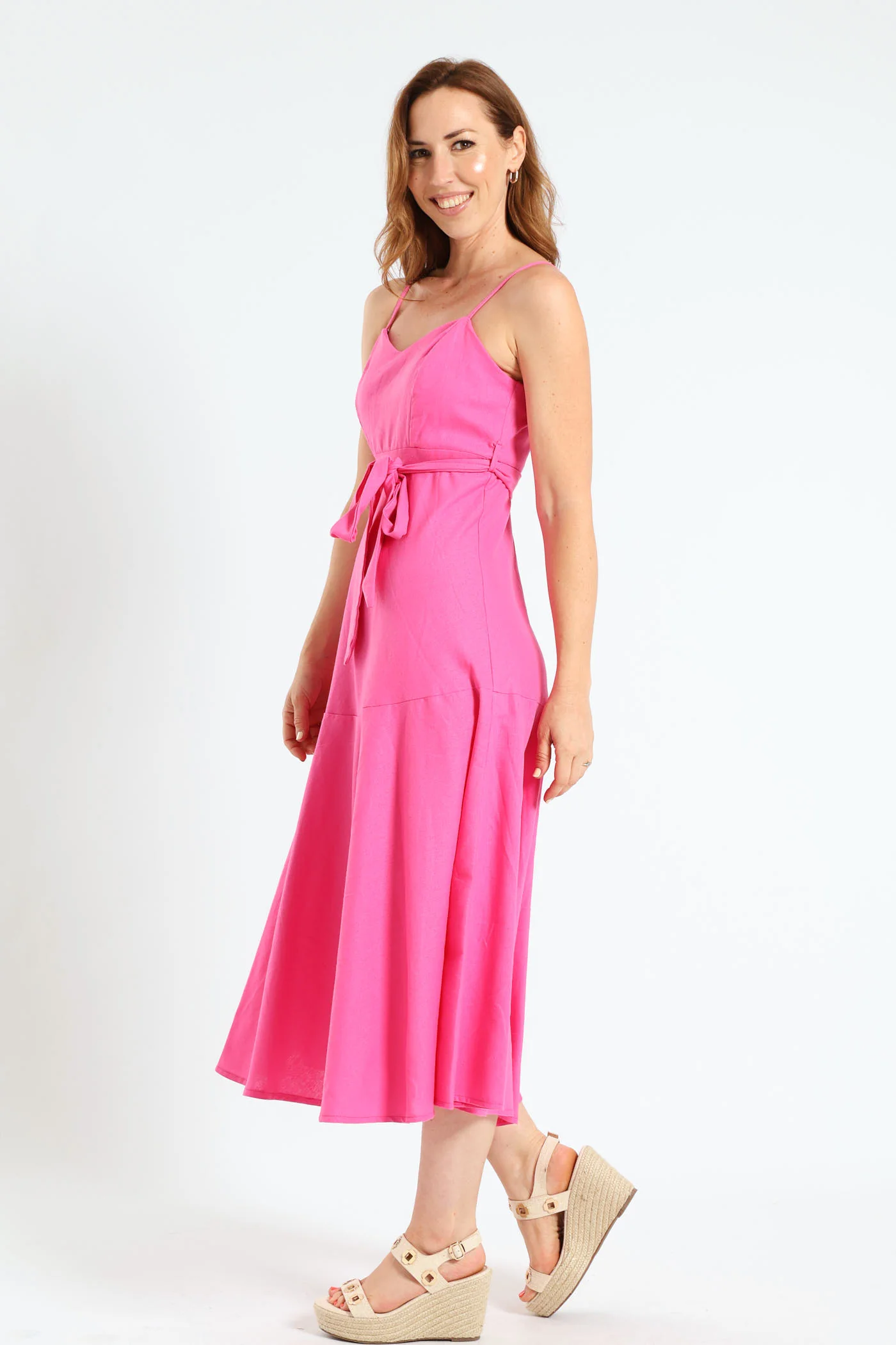 Strappy Fit & Flare Belted Maxi Sundress - Bright Pink - Image 2