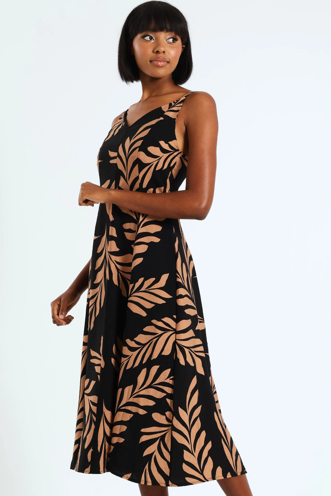 Strappy Fit & Flare Panelled Slip Dress - Black/Brown - Image 3