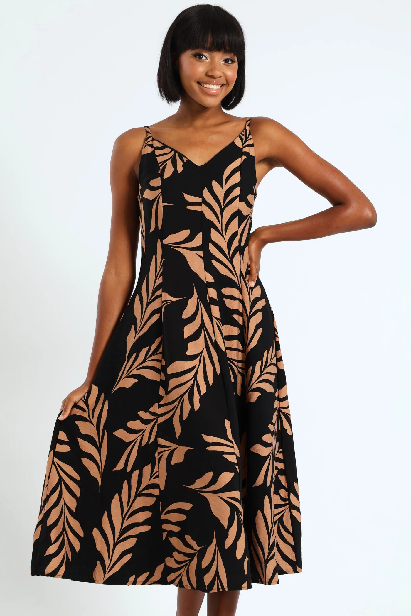 Strappy Fit & Flare Panelled Slip Dress - Black/Brown - Image 4