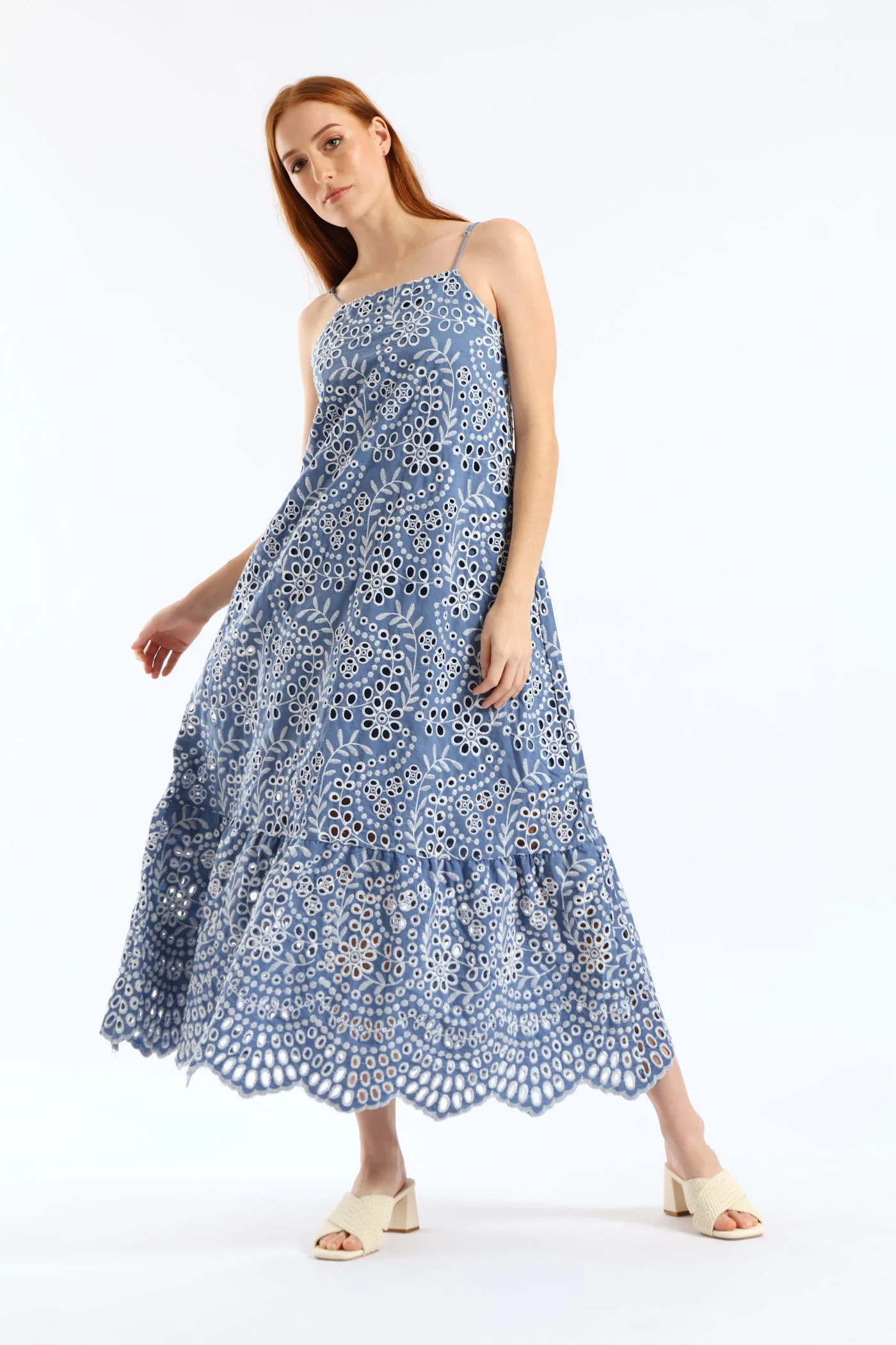 Strappy Hi-Neck Anglaise Frill Hem Slip Midaxi Dress - Dusty Blue - Image 3