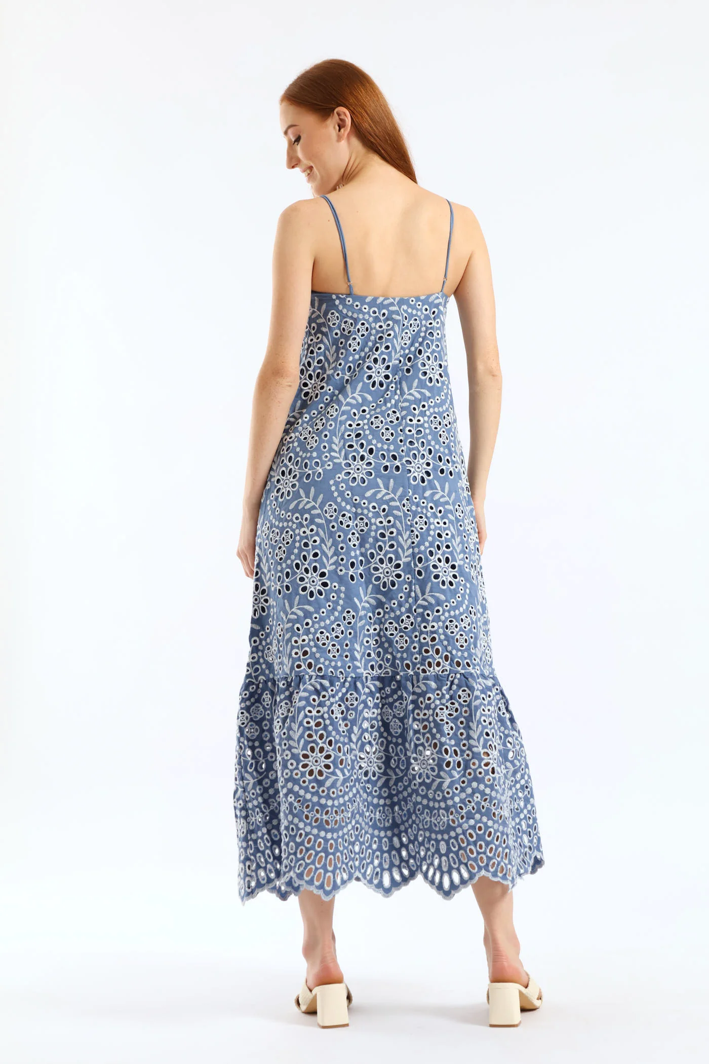 Strappy Hi-Neck Anglaise Frill Hem Slip Midaxi Dress - Dusty Blue - Image 4