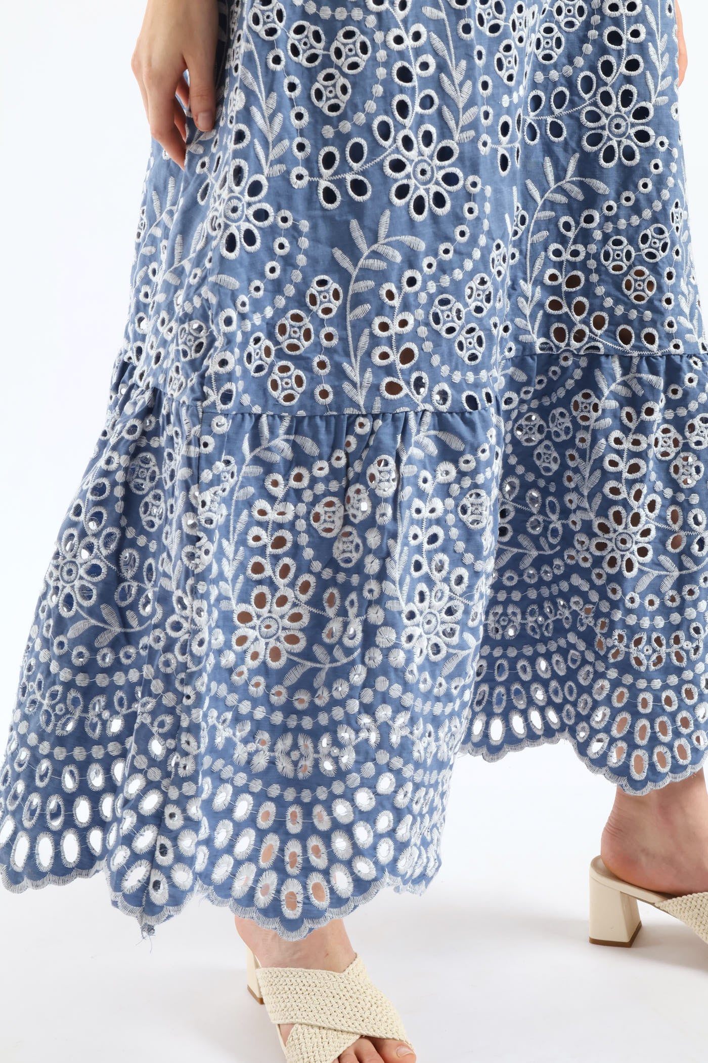 Strappy Hi-Neck Anglaise Frill Hem Slip Midaxi Dress - Dusty Blue - Image 5