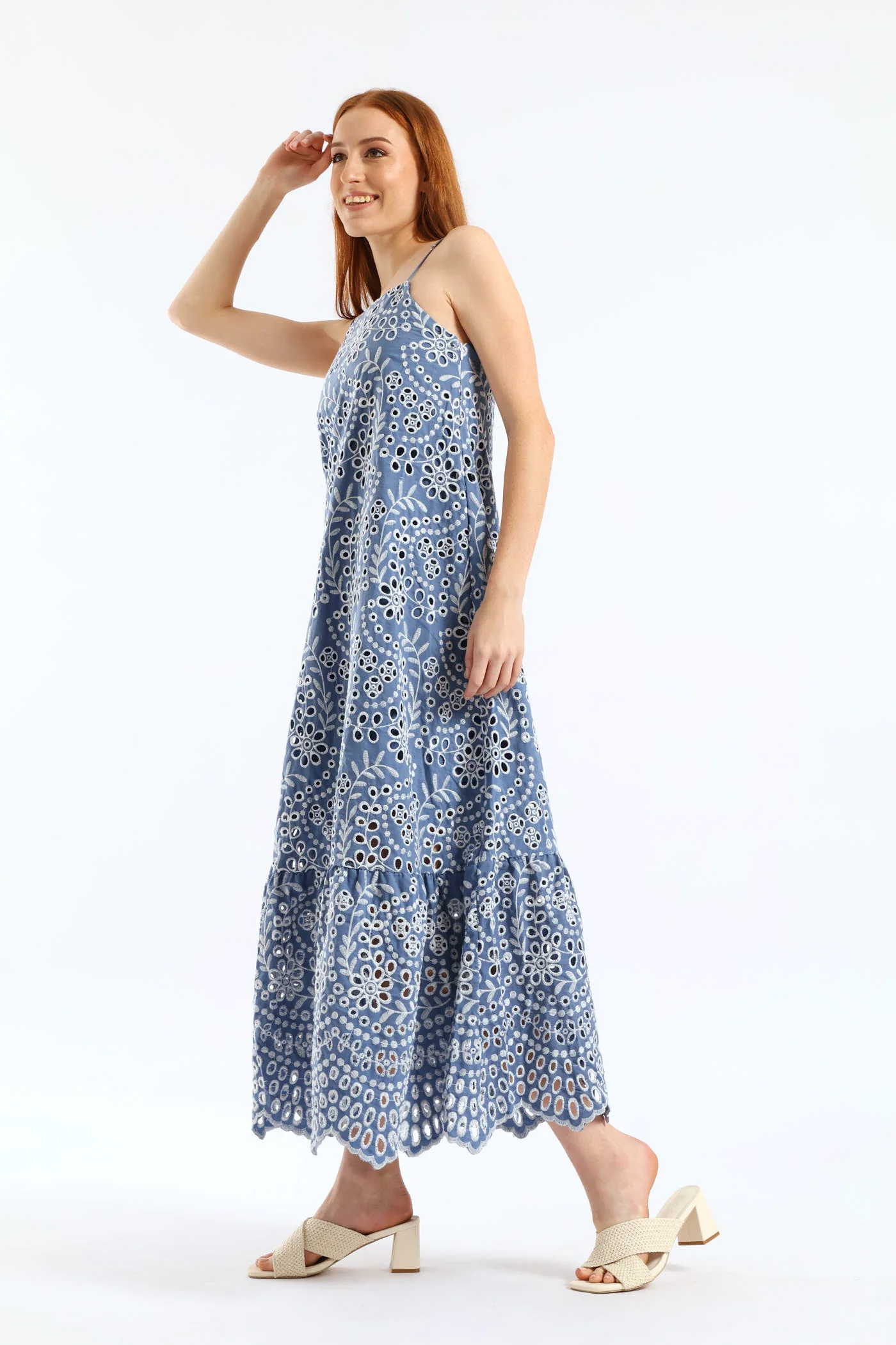 Strappy Hi-Neck Anglaise Frill Hem Slip Midaxi Dress - Dusty Blue - Image 7