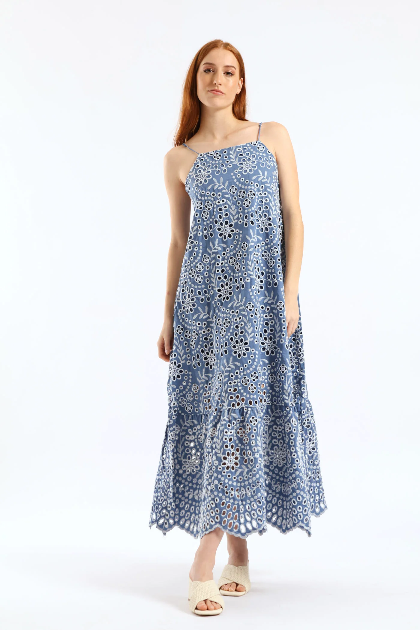 Strappy Hi-Neck Anglaise Frill Hem Slip Midaxi Dress - Dusty Blue - Image 8