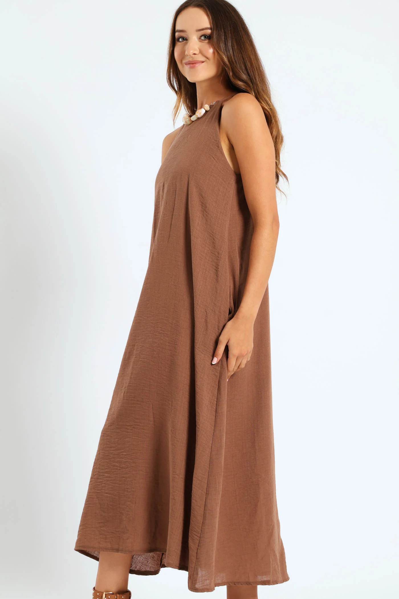 Strappy Hi-Neck Maxi Slip Dress With Necklace - Mid Brown - Image 2