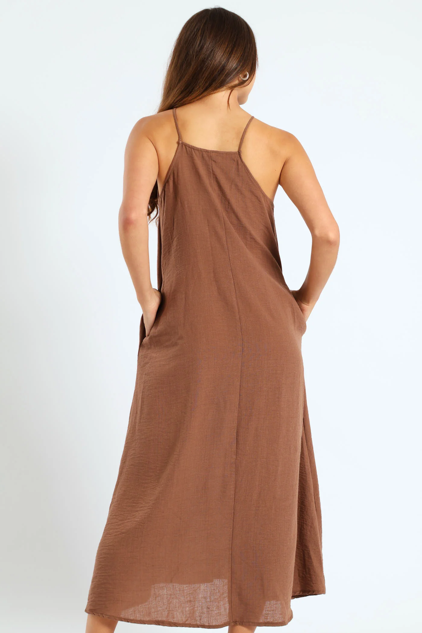 Strappy Hi-Neck Maxi Slip Dress With Necklace - Mid Brown - Image 3