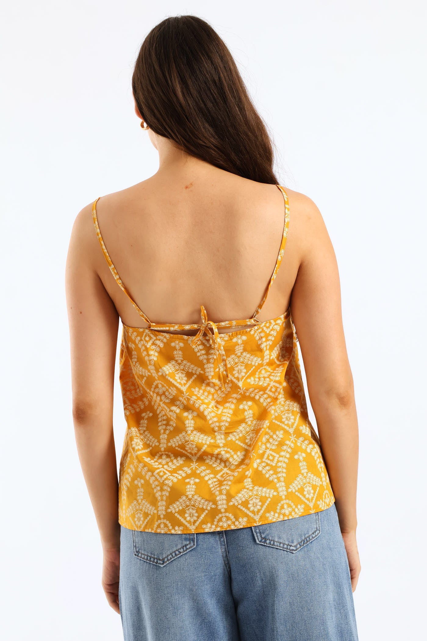 Strappy Hi-Neck Mock Embroidery Tieback Cami - Mustard/Cream - Image 2